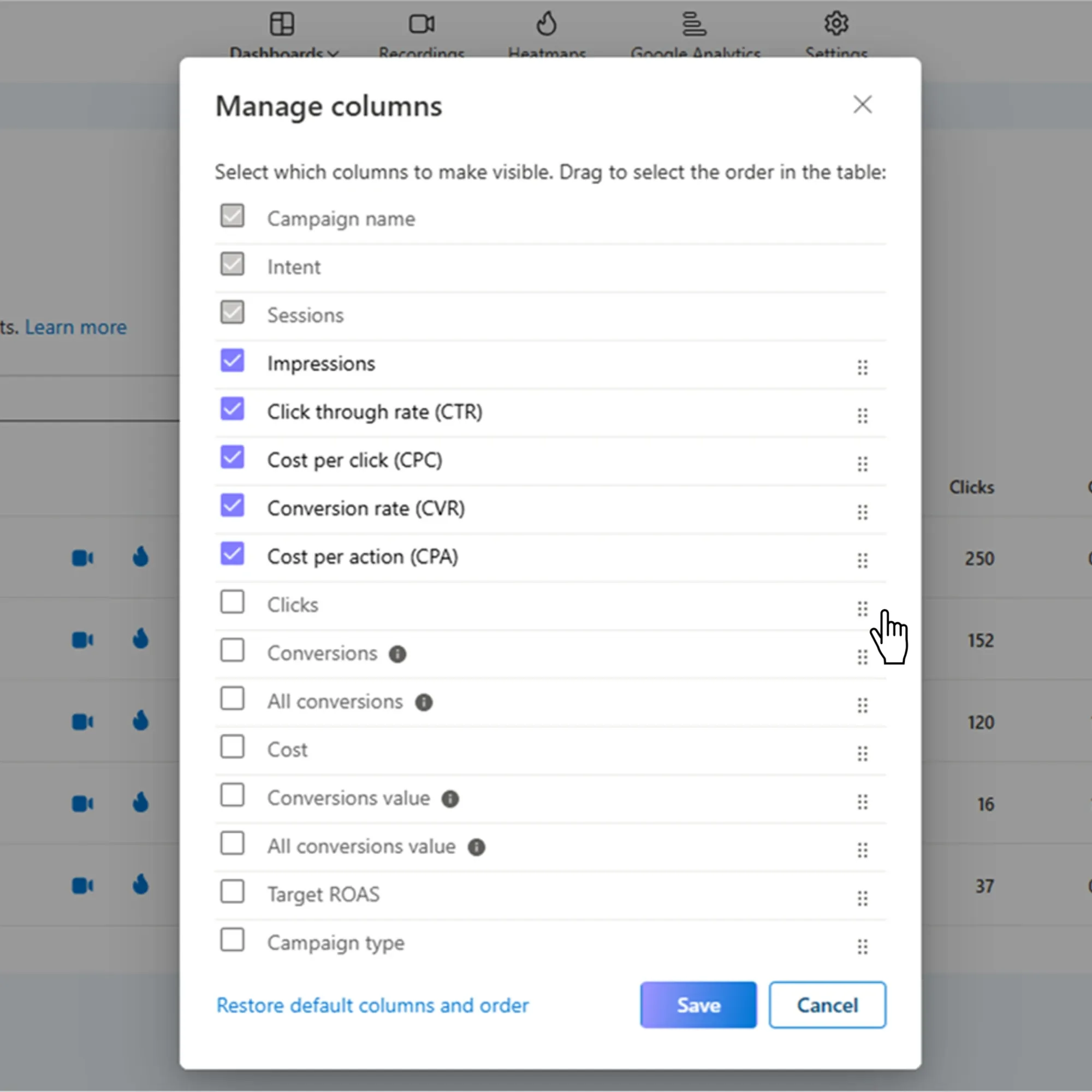 Microsoft Clarity's column management interface showing customizable Google Ads metrics for campaign analysis