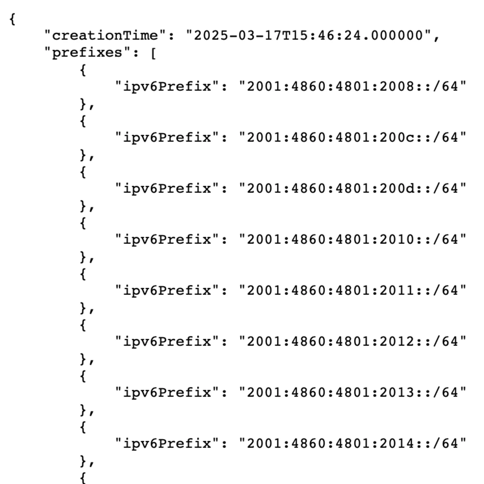 The JSON file showing IPv6 prefixes used by Google's crawlers, updated daily to enhance security verification procedures.