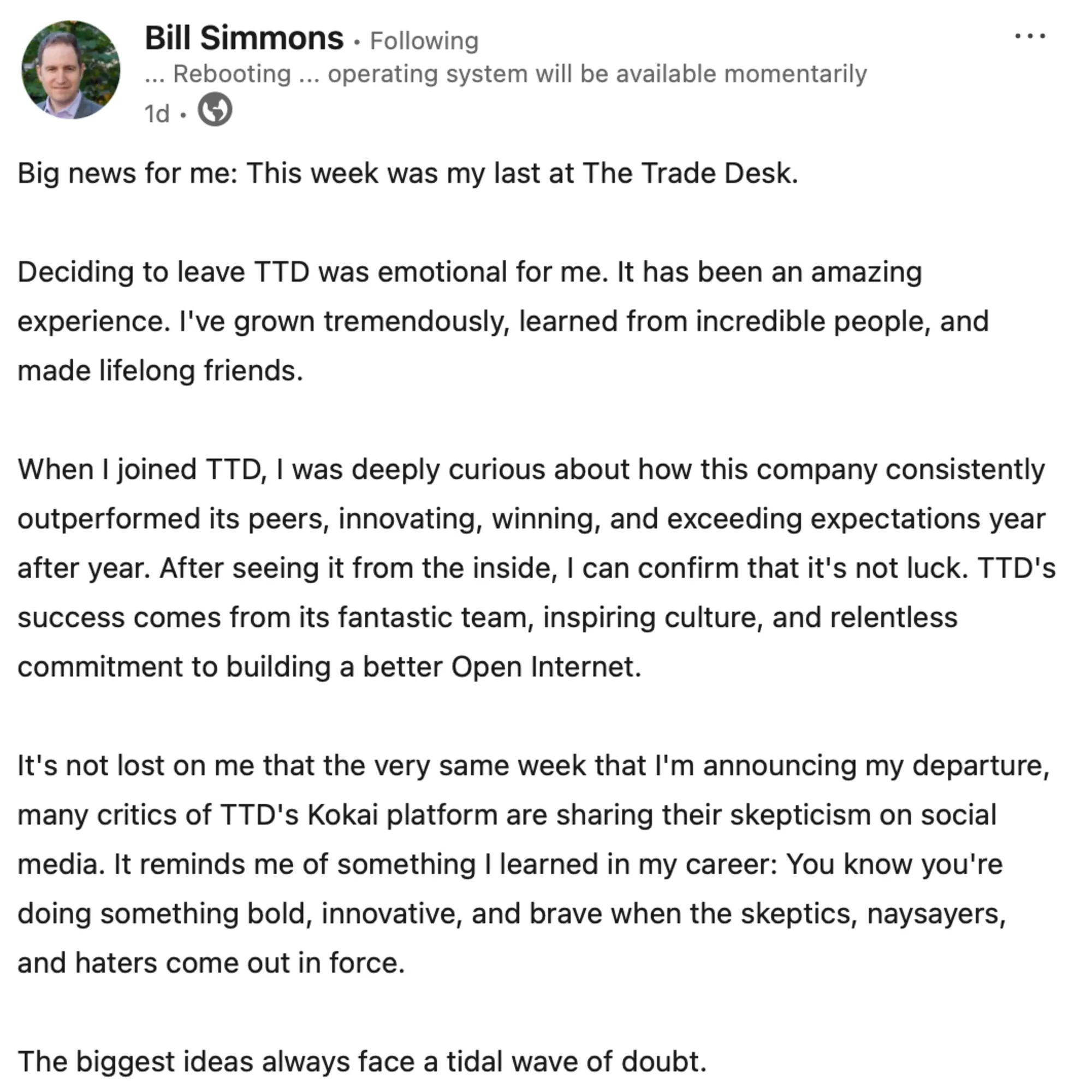 LinkedIn post from Bill Simmons announcing his departure from The Trade Desk