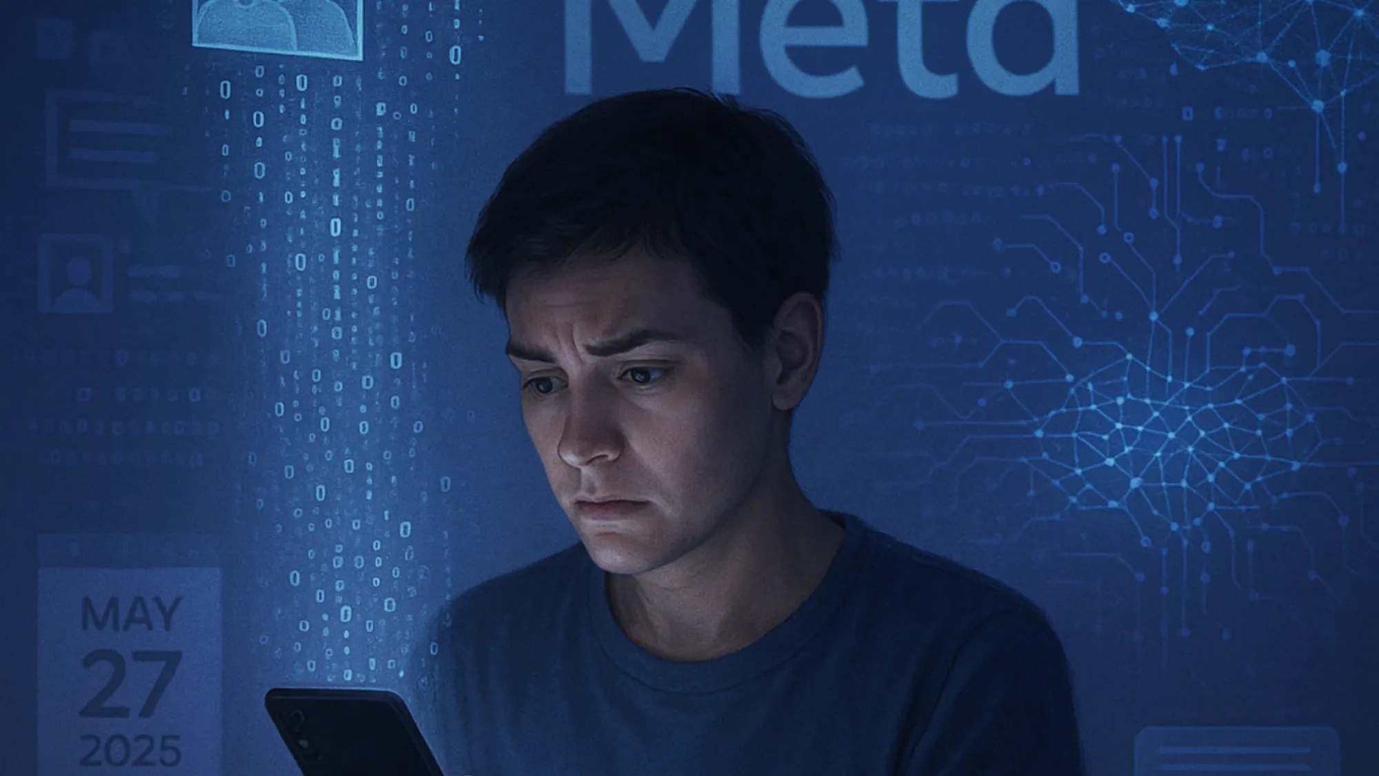 Man looks concerned at phone as data flows to Meta's AI on their May 27 deadline day.