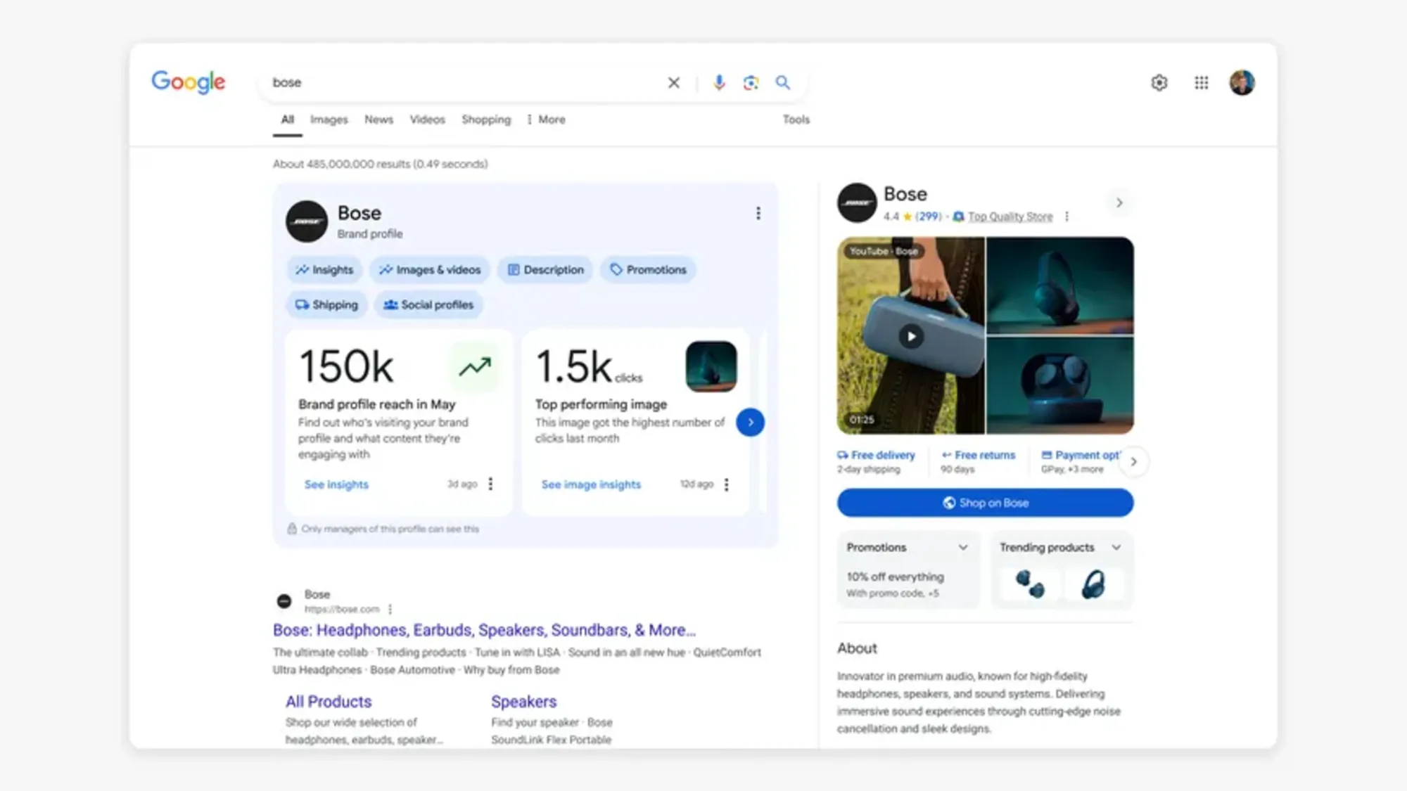 Google's new brand profile feature displays Bose audio products with AI-generated insights and shopping integration on Search results.