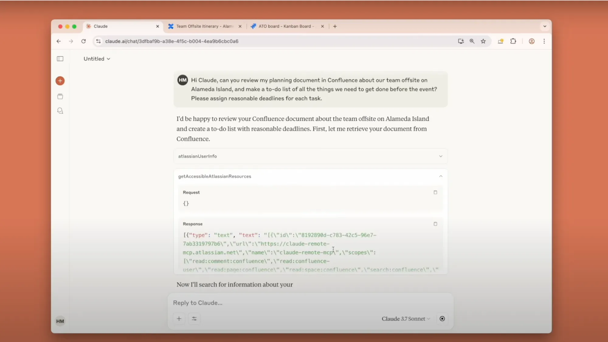 Claude accessing Confluence with Integrations: AI assistant reviews team offsite planning document and creates tasks.
