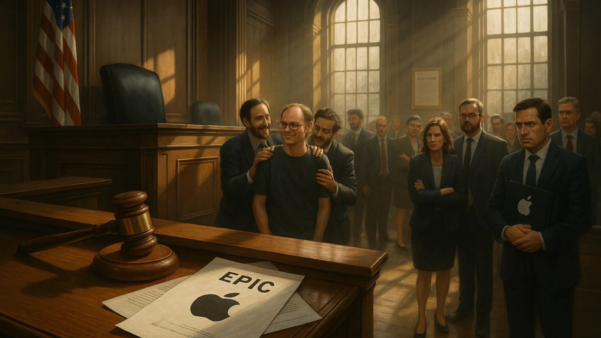 Historic AI courtroom image captures Epic's victory over Apple in landmark antitrust ruling that reshapes app economy.