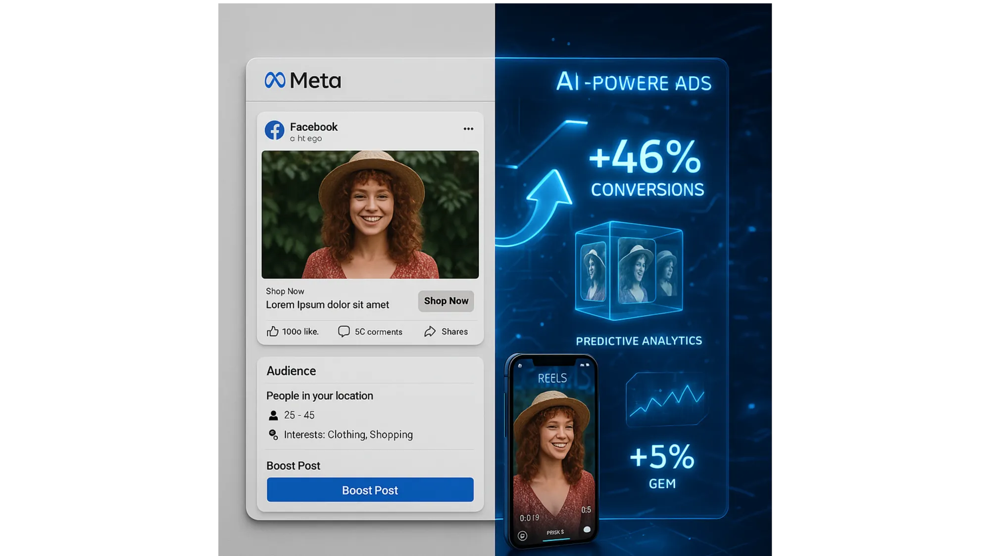 Meta's AI revolution: Traditional ads vs futuristic AI tools showing 46% conversion boost with GEM technology