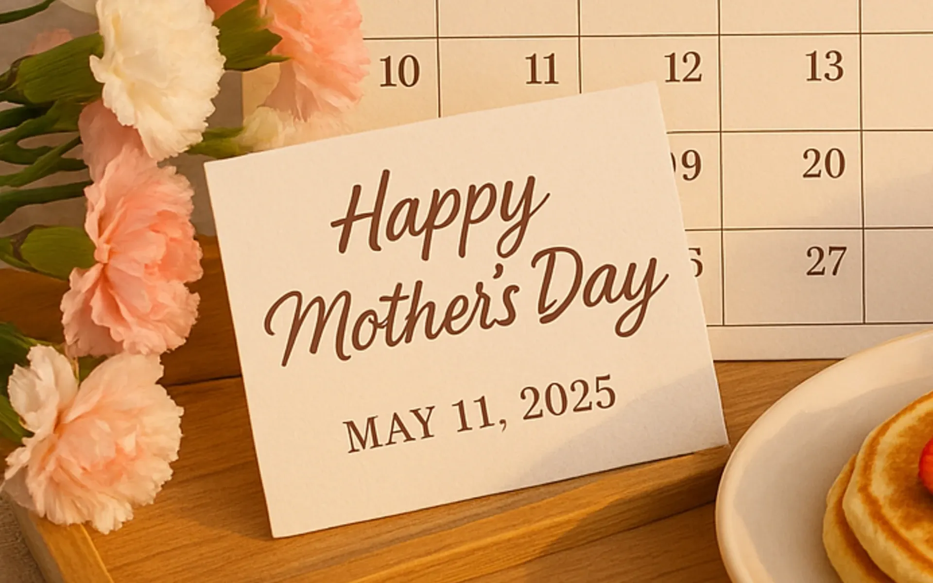Calendar showing May 11, 2025 with "Happy Mother's Day" card and pink carnations - the perfect US celebration reminder.