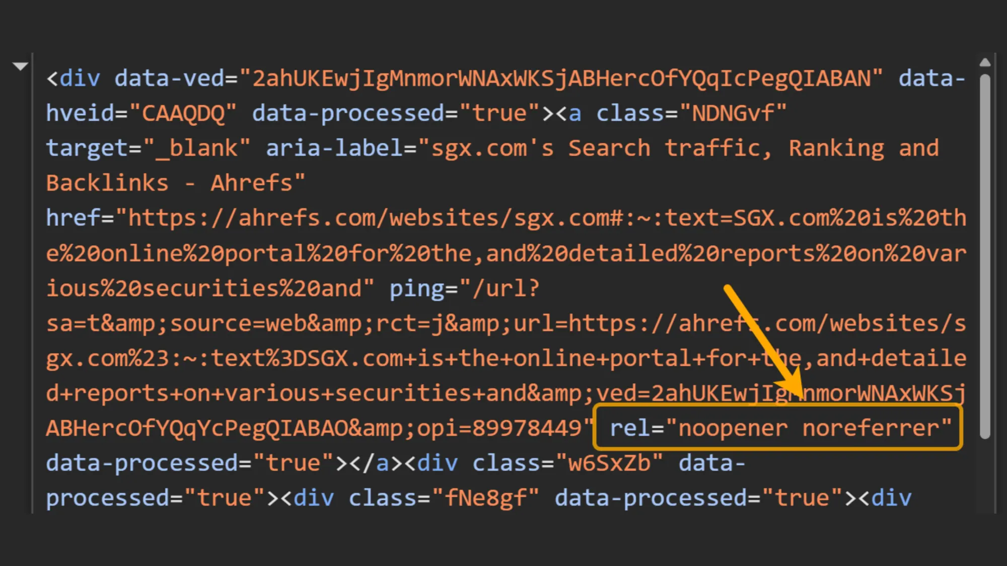 HTML code showing Google AI Mode links with noreferrer attributes that block referrer tracking.