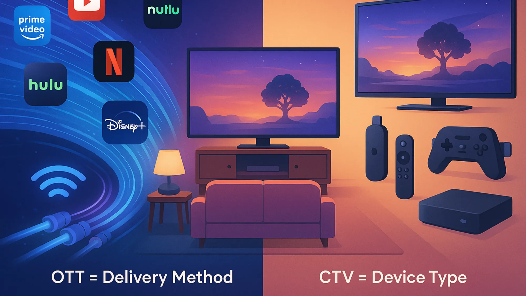 Visual comparison of OTT vs CTV showing streaming content delivery versus connected devices that display the content.