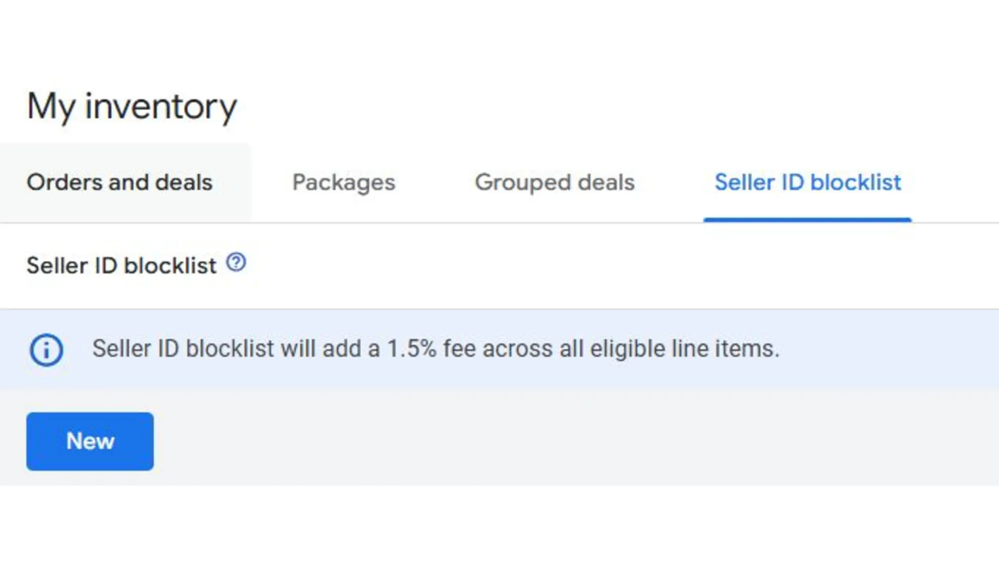 DV360 interface showing Seller ID blocklist feature with 1.5% fee notification for supply chain control