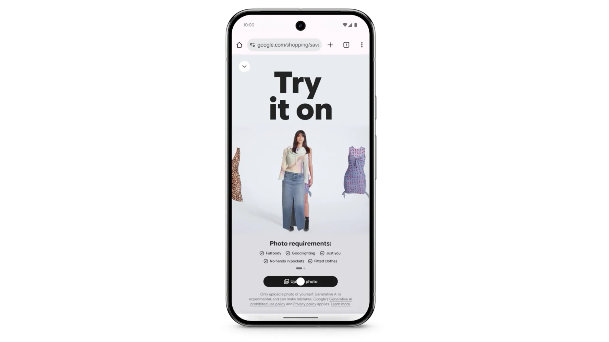 Virtual try-on interface showing Google's new AI shopping feature with photo upload requirements