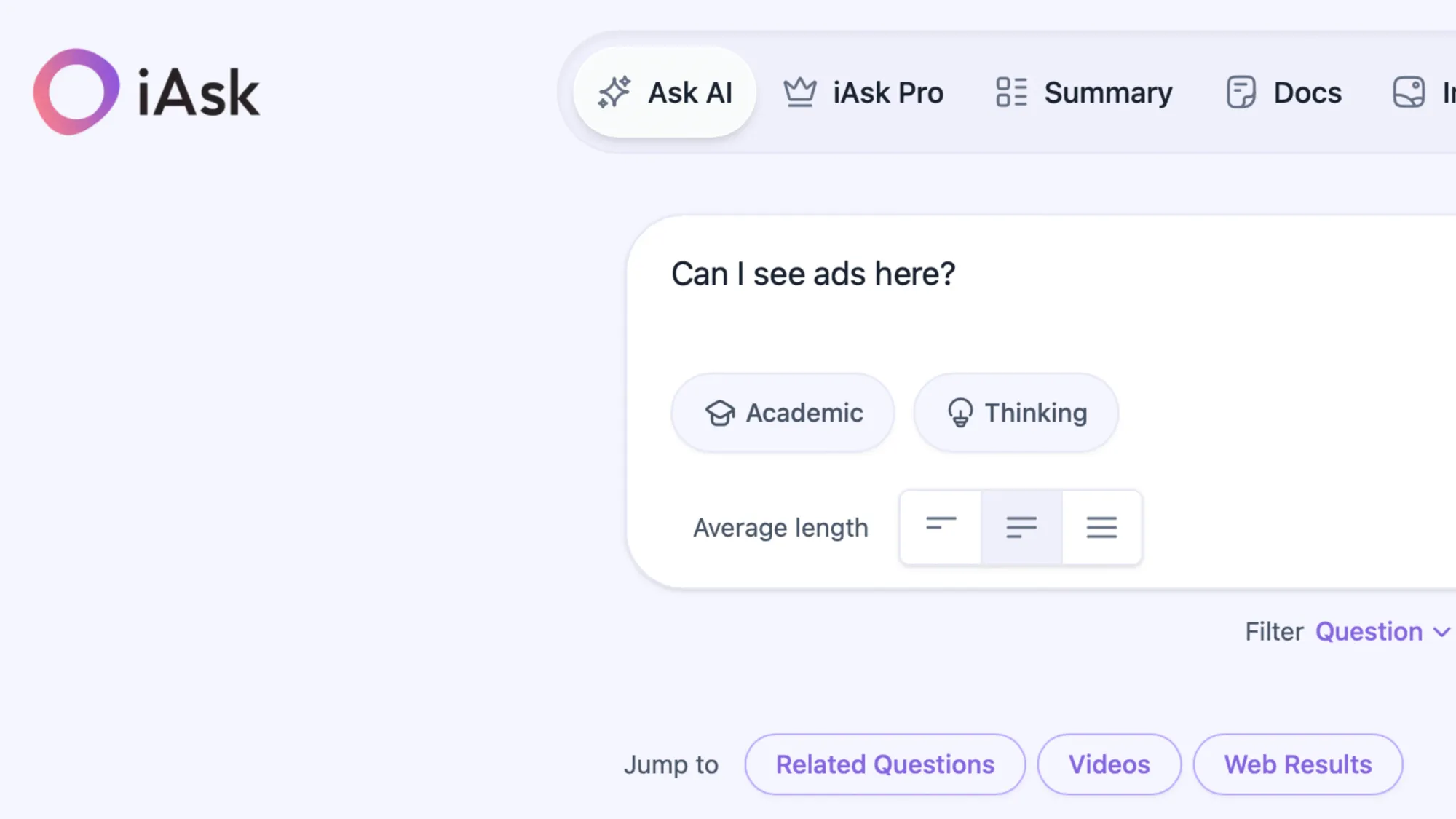 Screenshot of iAsk AI interface showing where Google ads will appear in chatbot conversations.