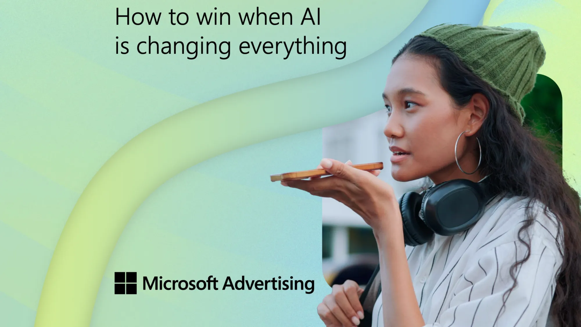 Woman using voice search AI technology on mobile device for conversational search experience