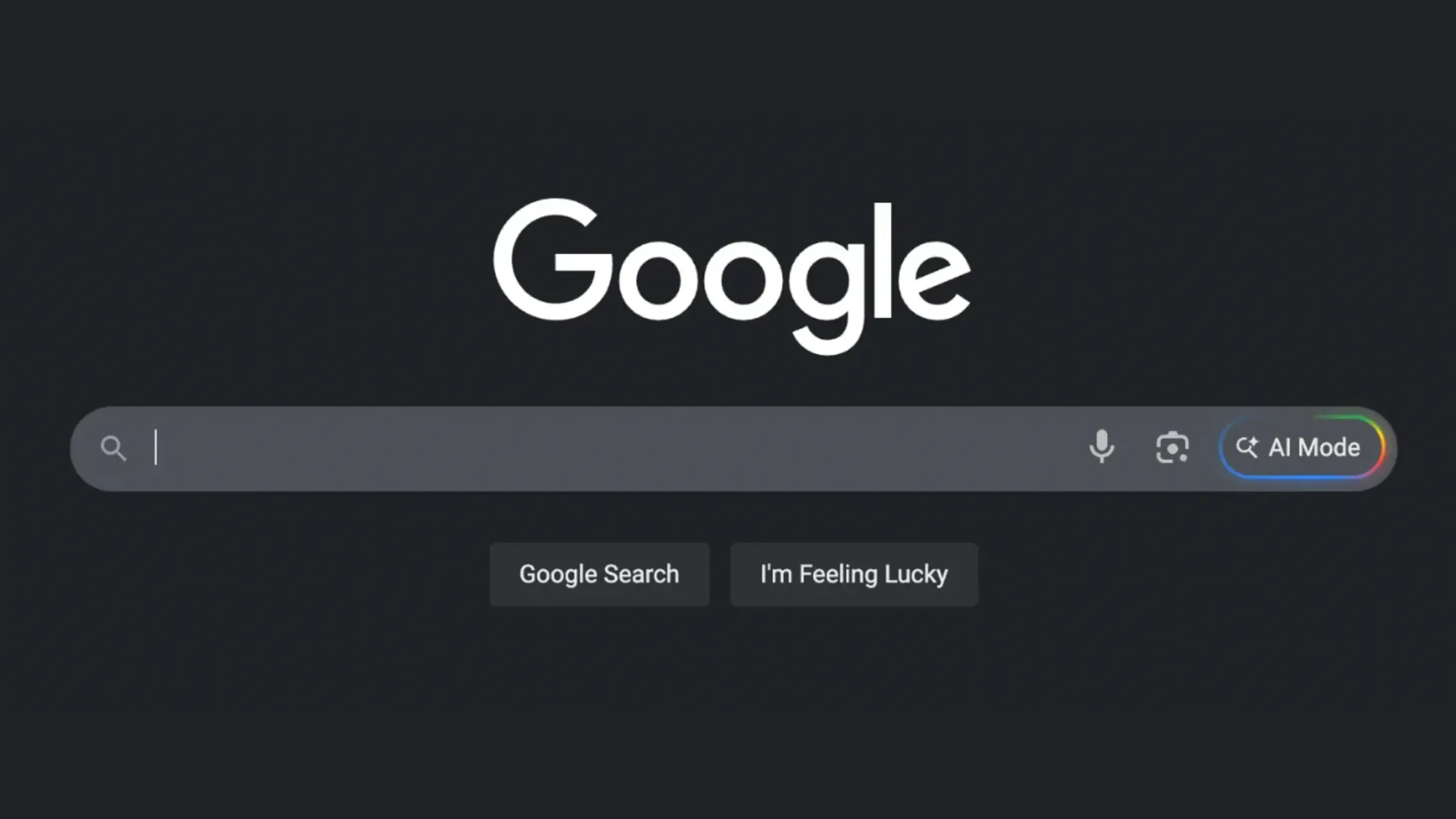 Google homepage displays new AI Mode button in search bar with colorful gradient design during testing phase.