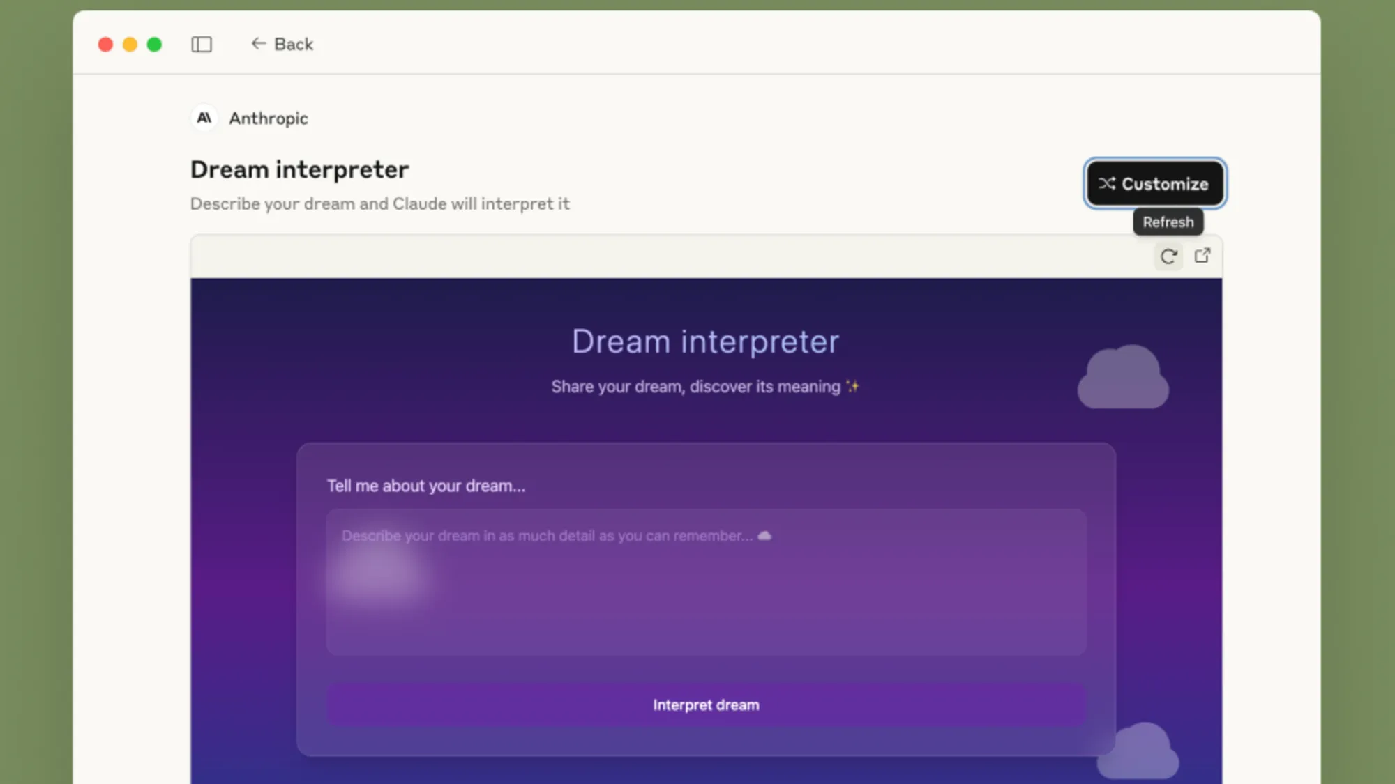 AI-powered dream interpreter app built with Claude Artifacts - no coding required, shareable instantly