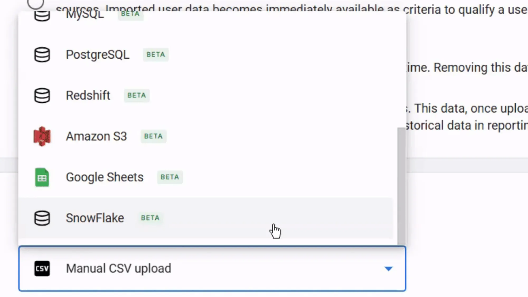 Google Analytics cost data import interface showing nine new beta data sources including BigQuery and Amazon S3.