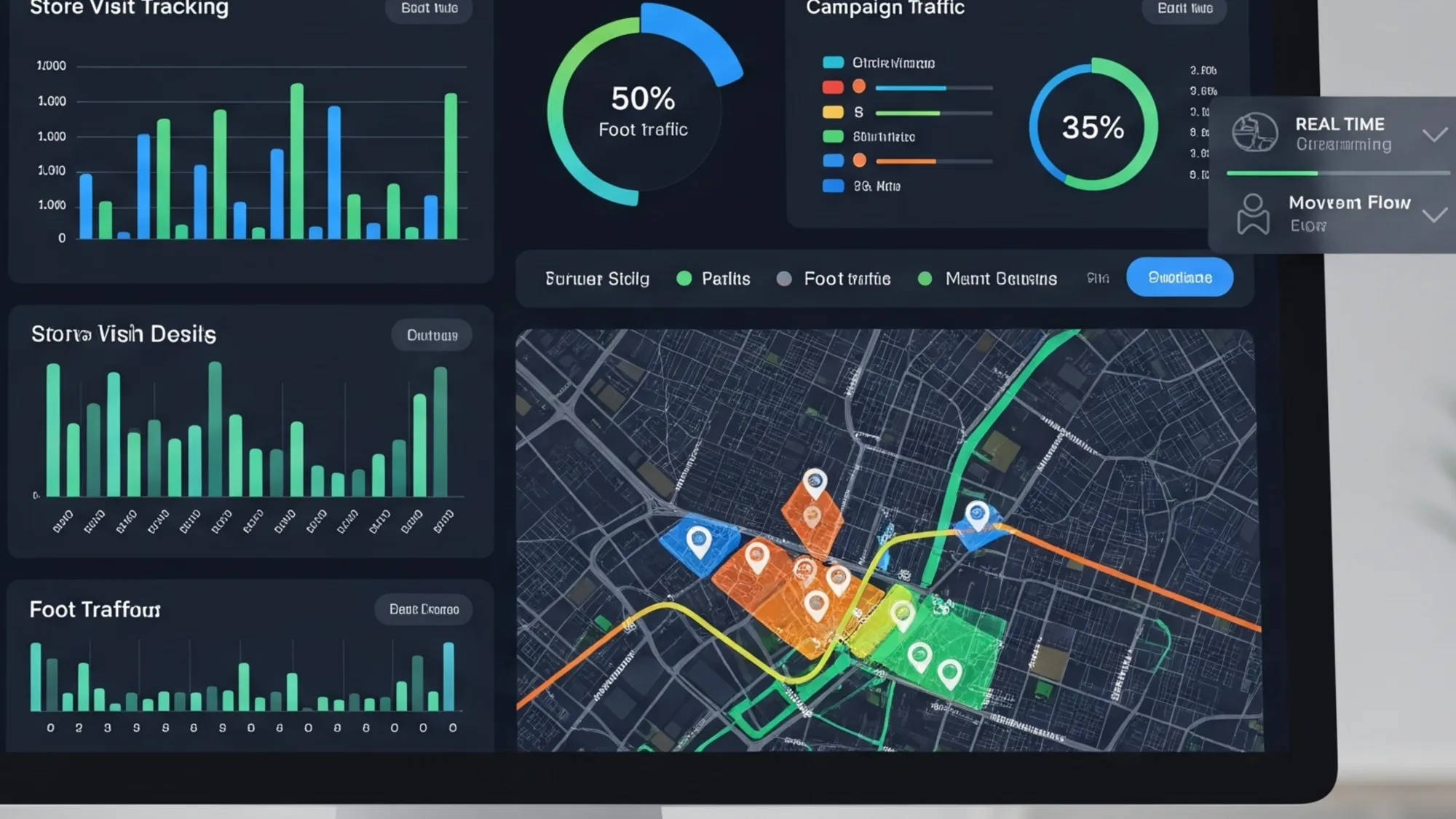 Real-time Adsquare Attribution Dashboard showing store visit tracking, foot traffic analytics and map