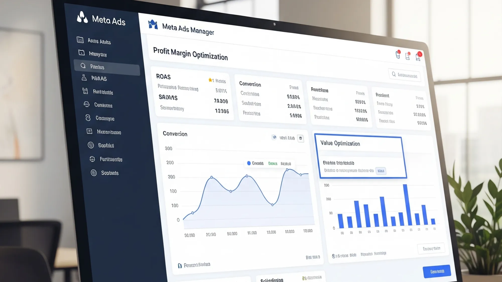 Meta Ads Manager dashboard displaying profit margin optimization interface with ROAS metrics and value charts.