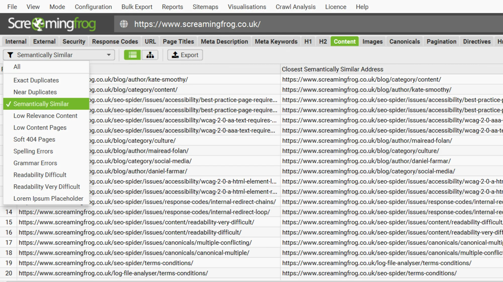 SEO Spider v22.0 semantic similarity filter showing duplicate content detection with AI-powered analysis