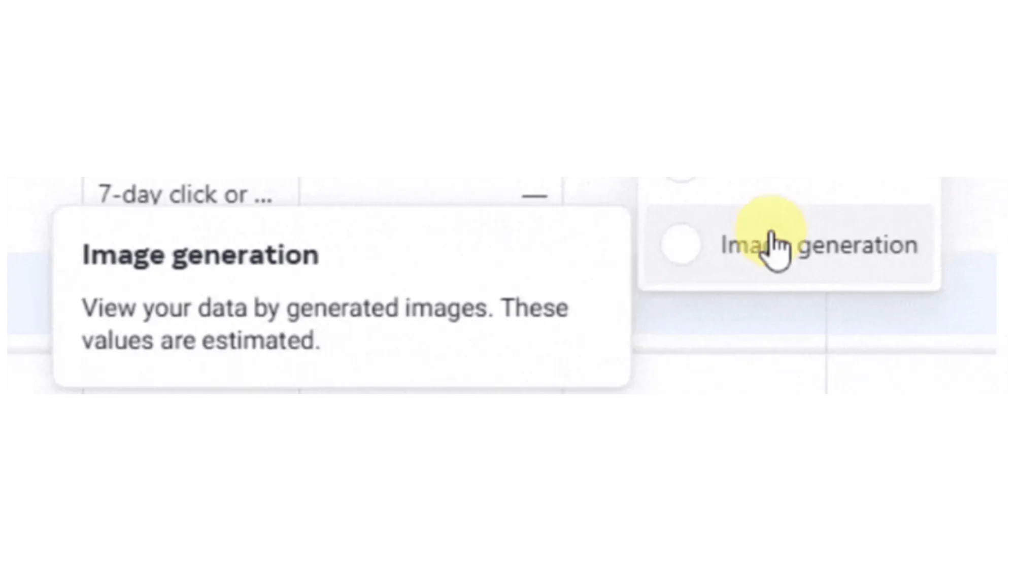 Meta Ads Manager Creative breakdown showing Image generation performance data with estimated values for AI-generated content tracking.