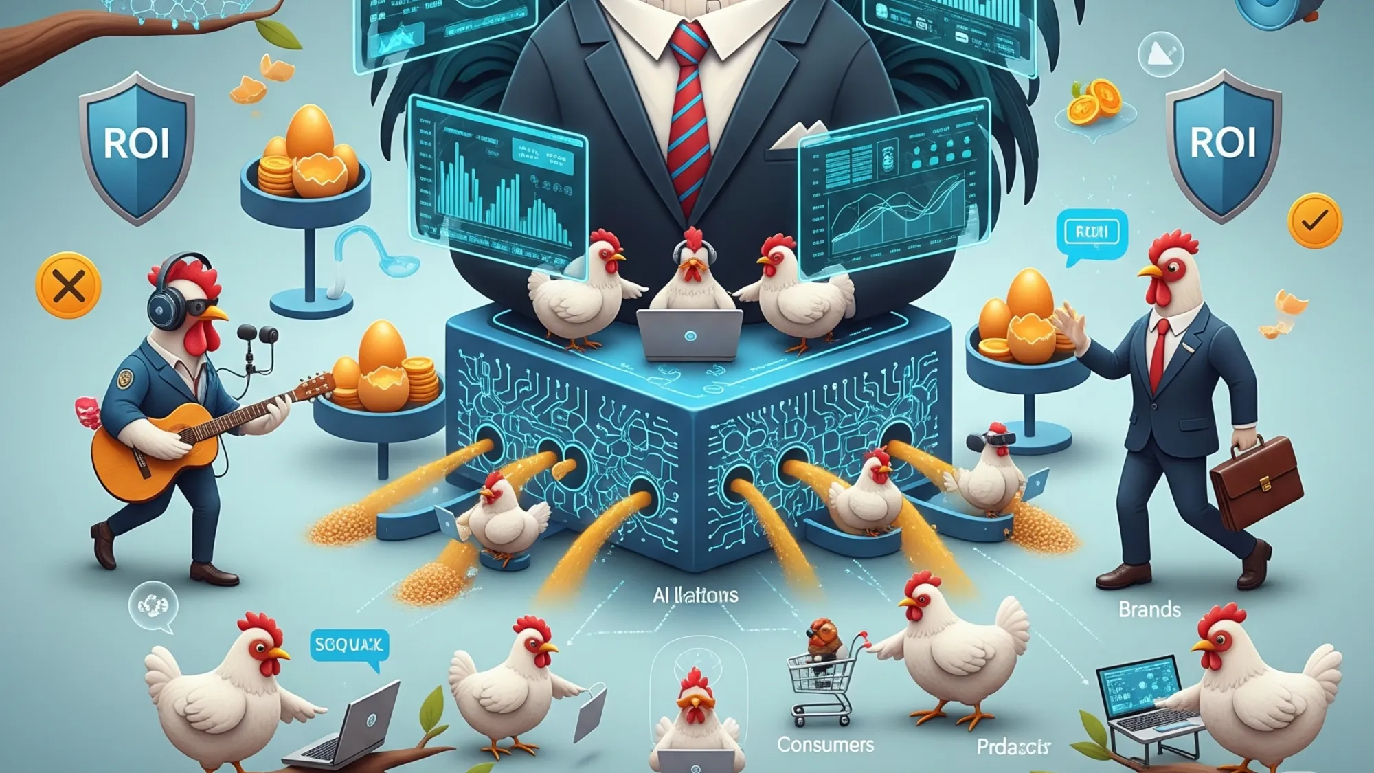 AI marketplace ecosystem with rooster CEO and chickens representing musicians, brands, and consumers in tech