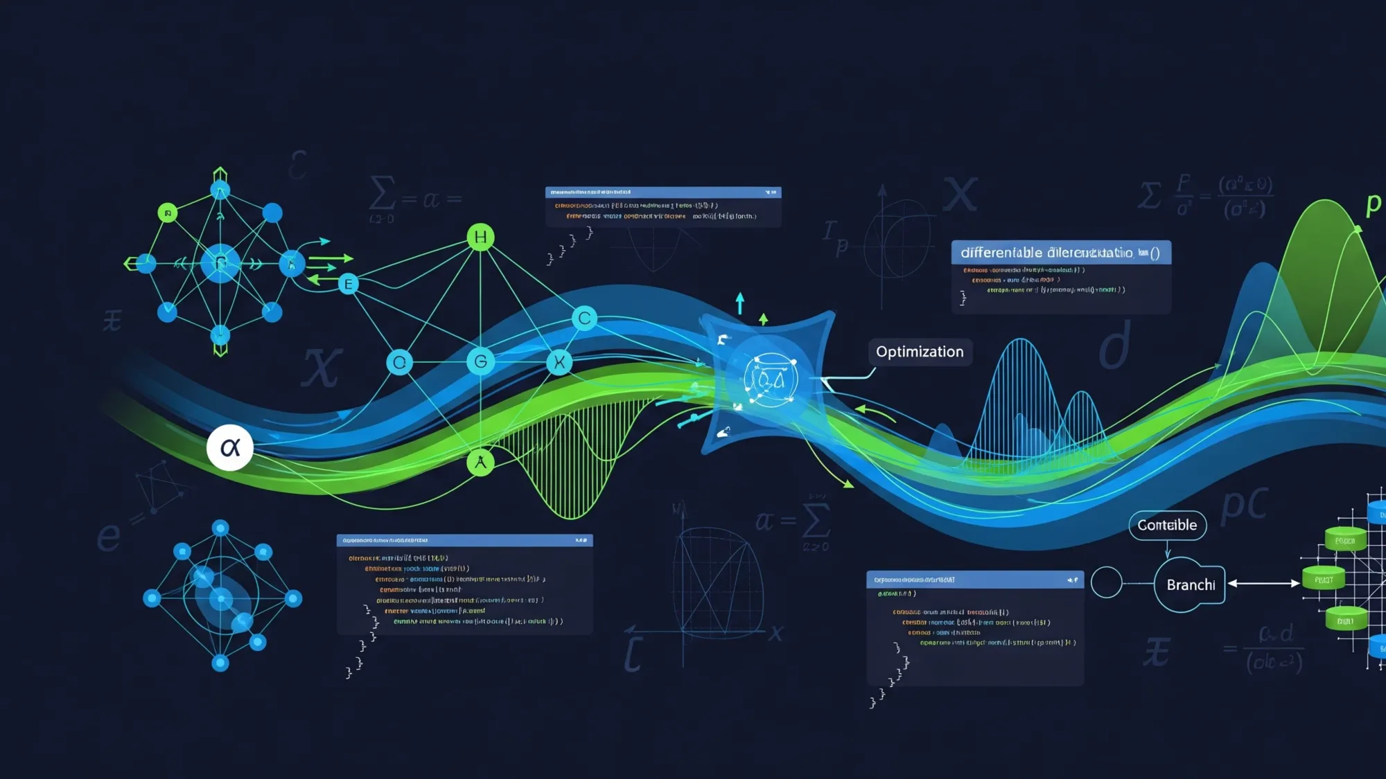 Visual representation of differentiable programming concepts with neural networks and optimization flows