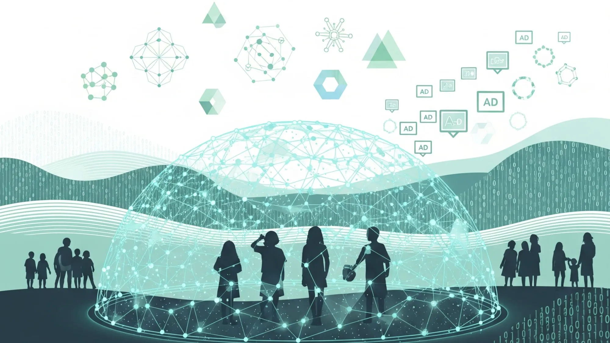 Digital landscape showing AI-powered age detection protecting minors from targeted ads online.