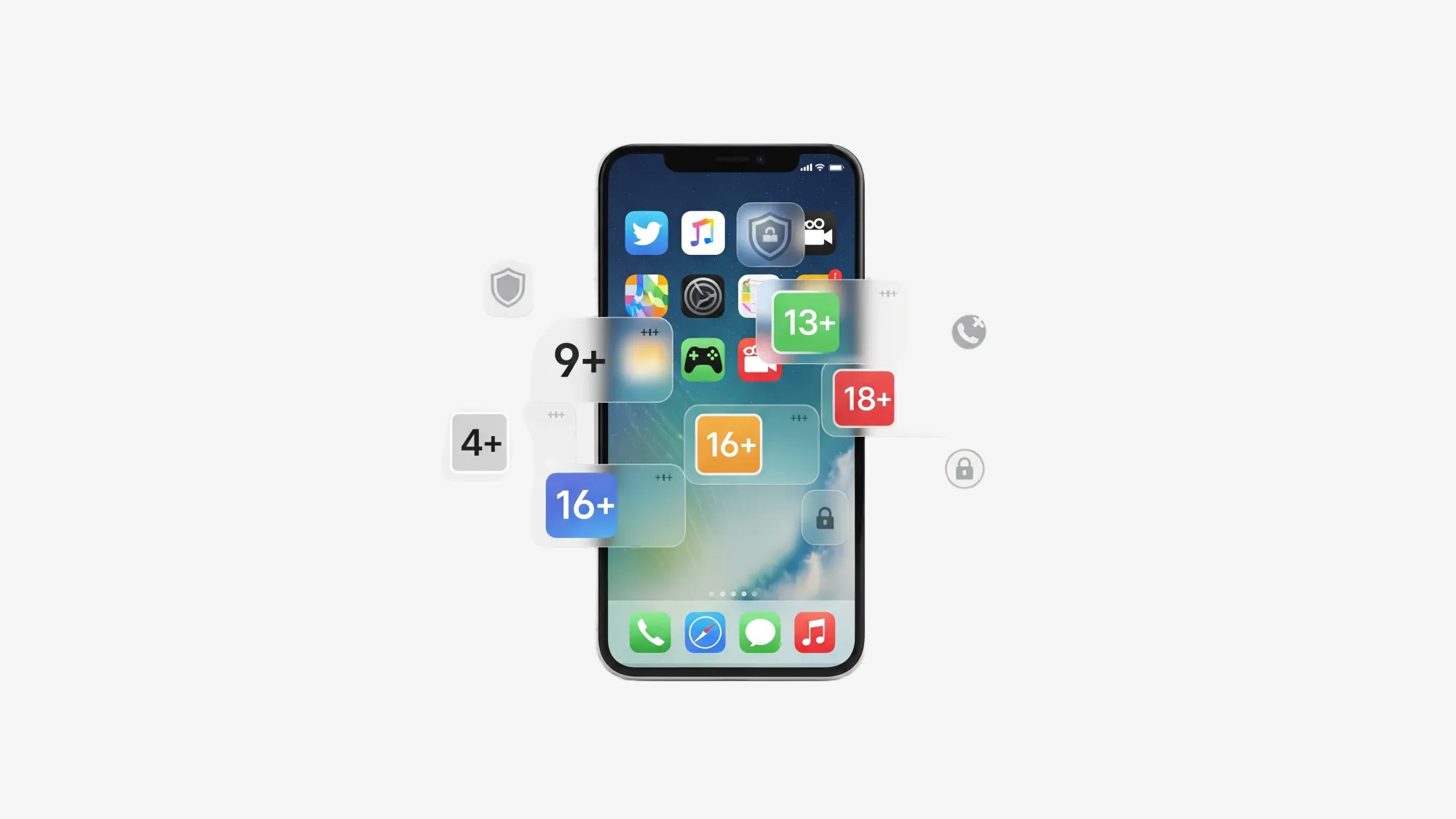 iPhone displaying new Apple App Store age rating badges (4+, 9+, 13+, 16+, 18+) with security icons on white background