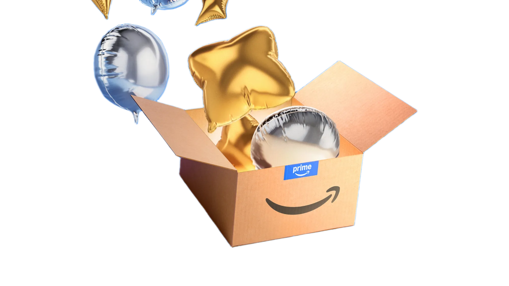 Amazon Prime delivery box with gold and silver balloons celebrating record-breaking four-day Prime Day 2025 sales