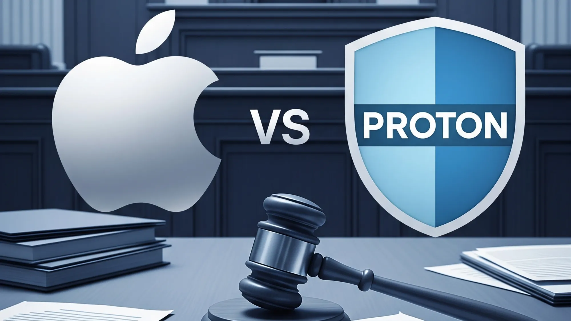 Apple logo faces Proton shield in courtroom with gavel, representing antitrust lawsuit over App Store monopoly.