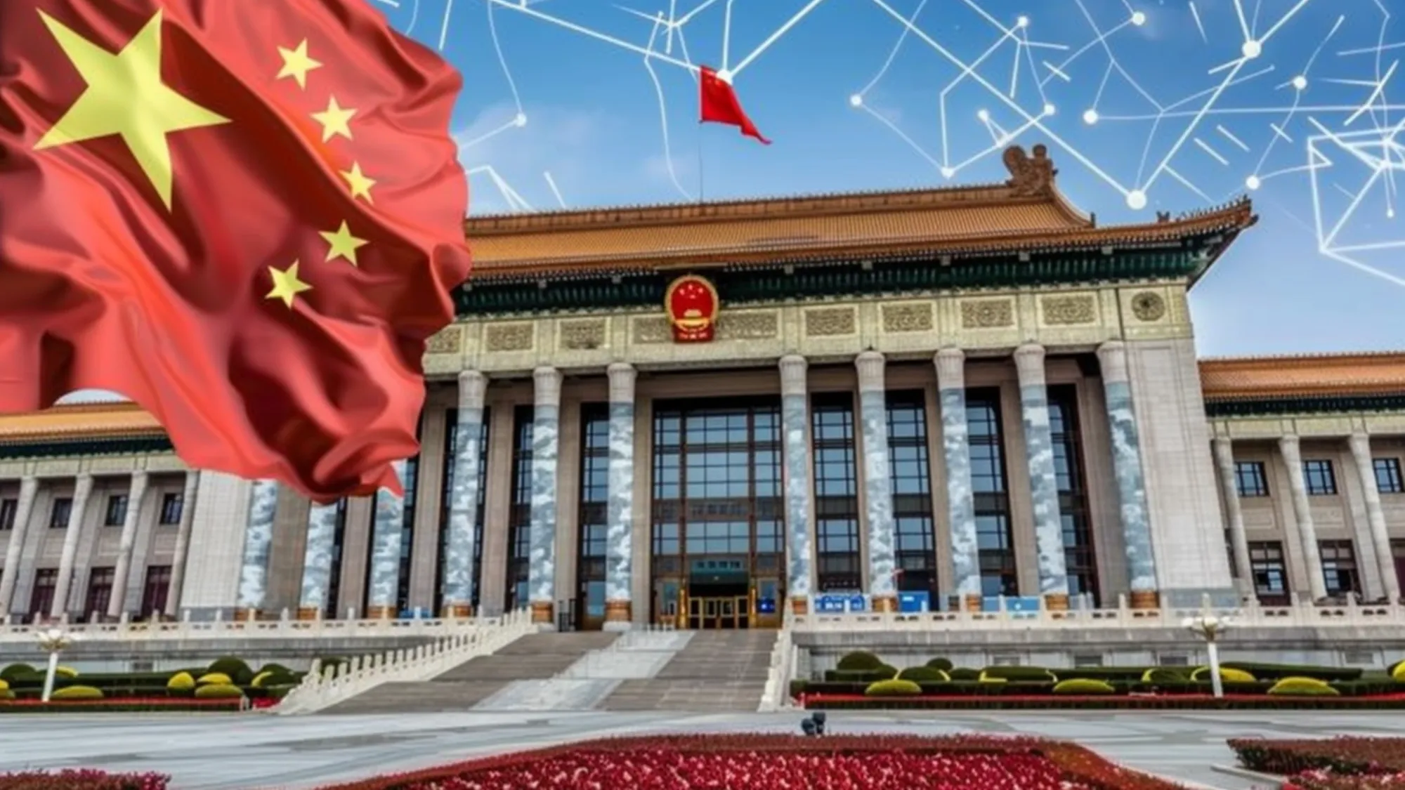 China's government building with digital network overlay representing new DPO registration system for data protection.