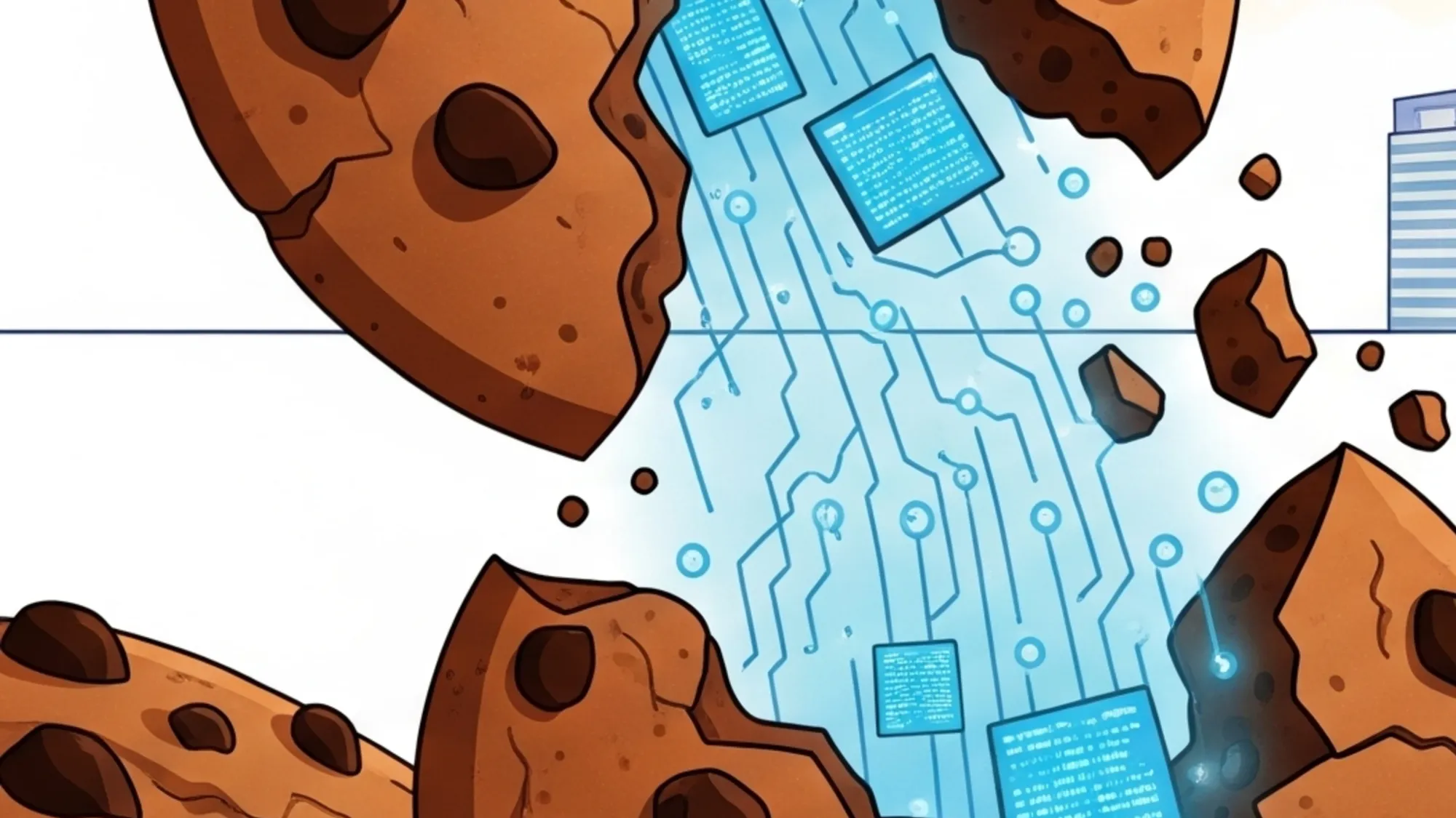 Digital cookies crumbling with data streams flowing out, symbolizing the end of third-party tracking era.