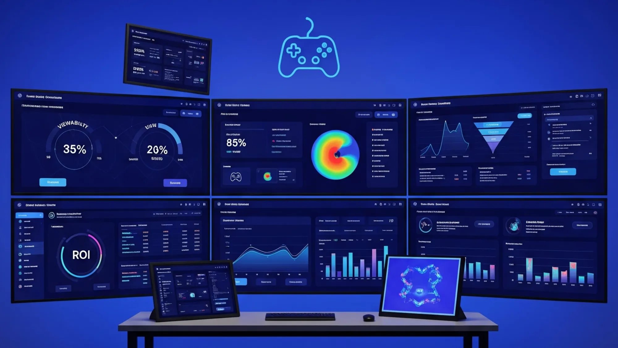 Gaming measurement dashboard displays viewability, ROI & attention metrics for digital advertising analytics.