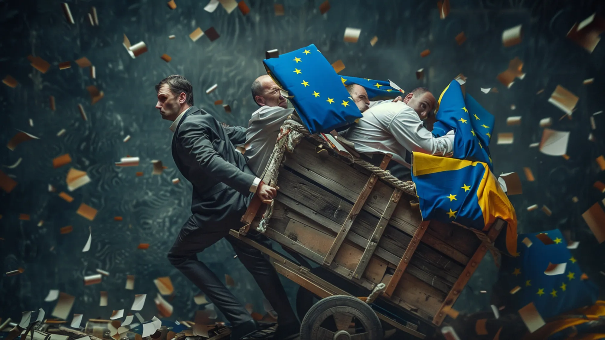 Businessman struggling to pull cart of EU bureaucrats amid flying paperwork