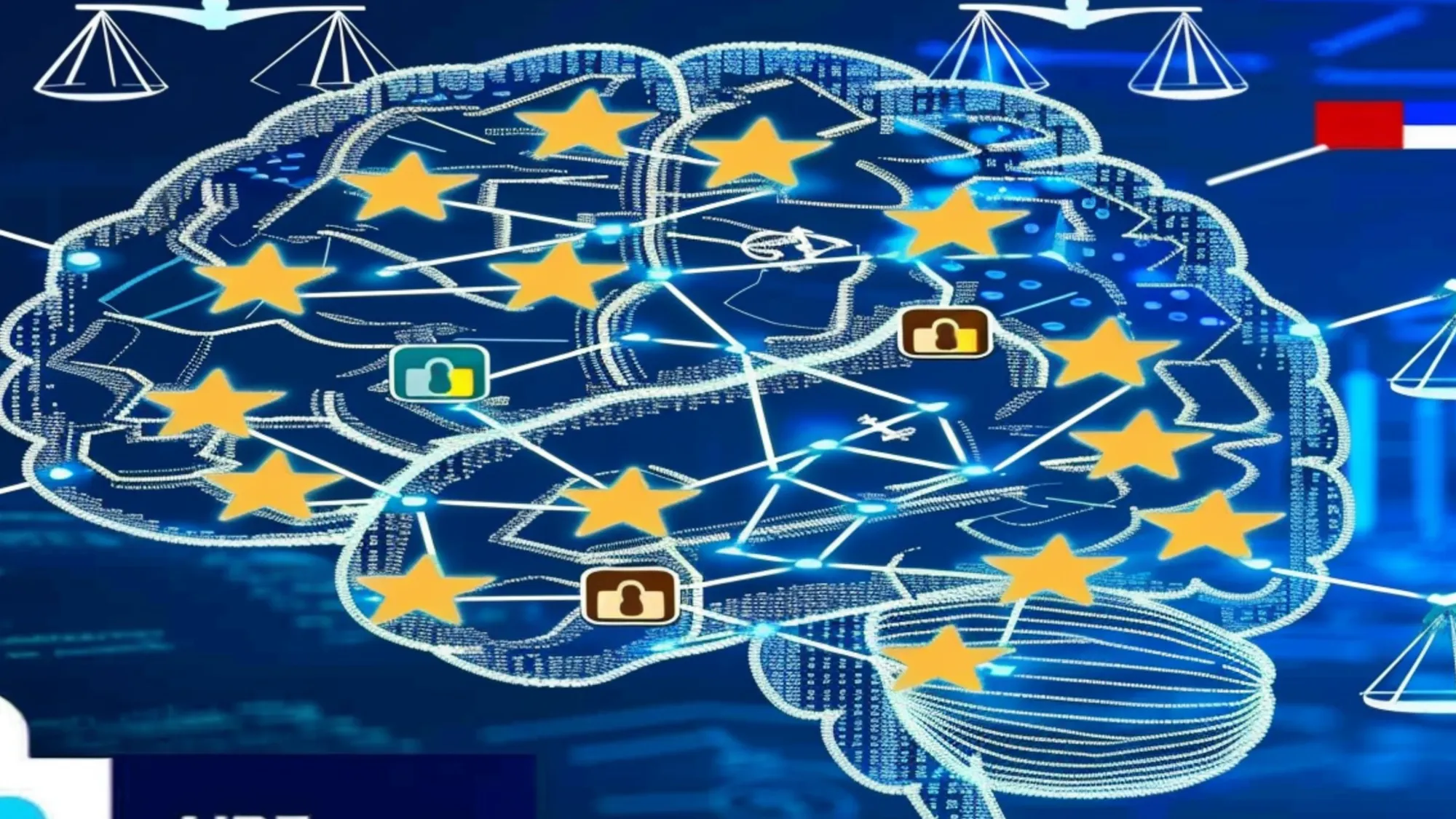 Neural network brain with EU stars and privacy locks showing AI models containing personal data under GDPR law.