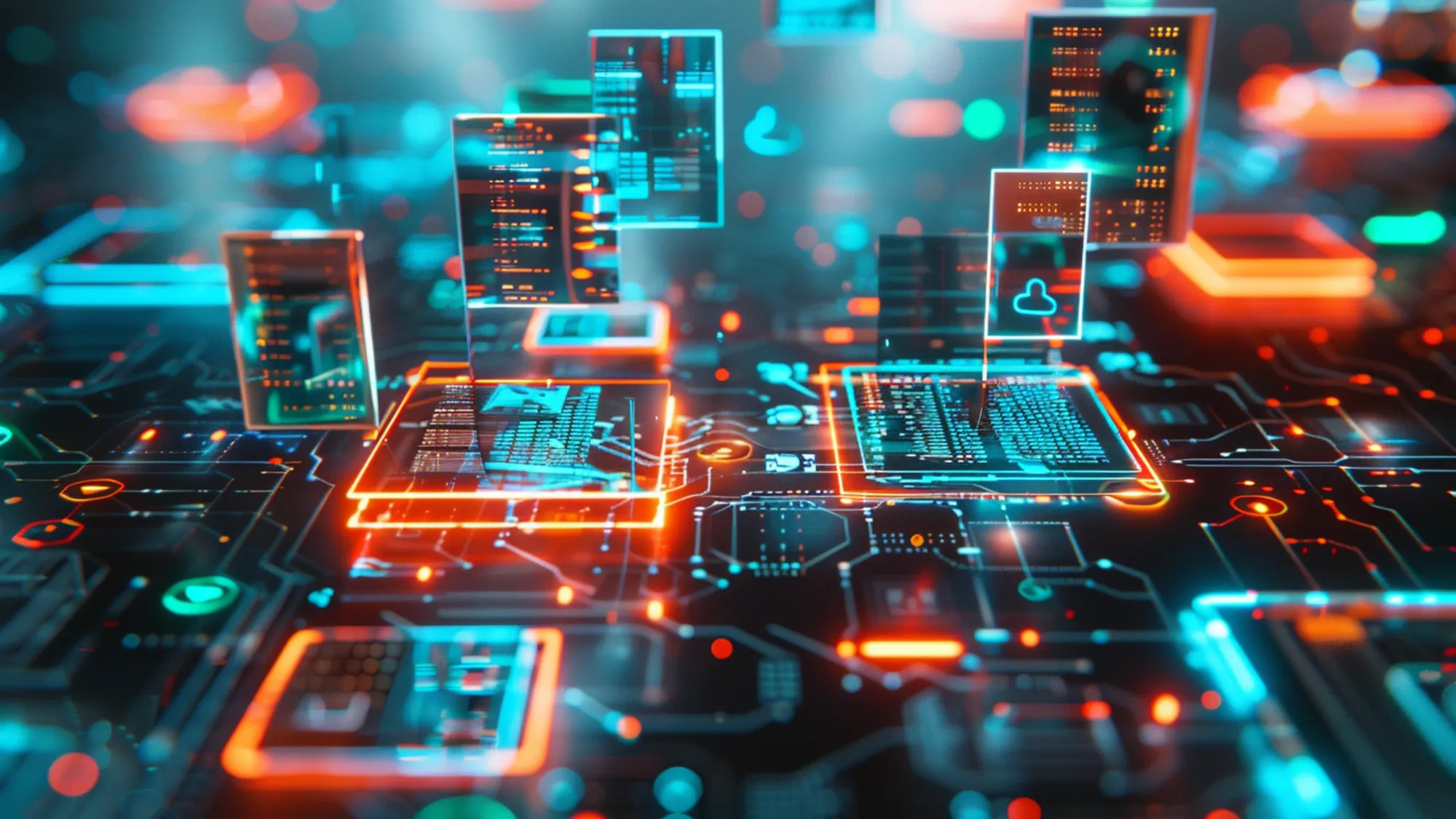 Digital file sharing and cloud storage technology with glowing data streams and AI neural networks