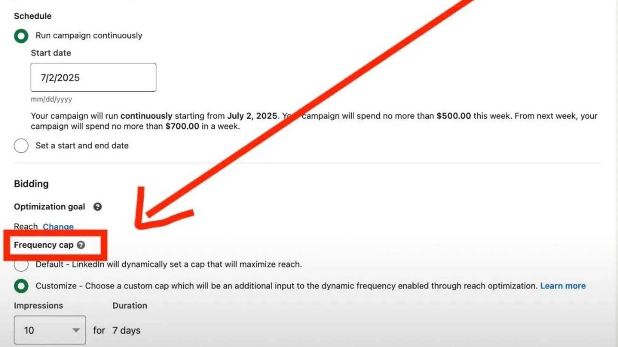 Monty Weber screenshot shows LinkedIn frequency cap settings with 10 impressions per 7 days