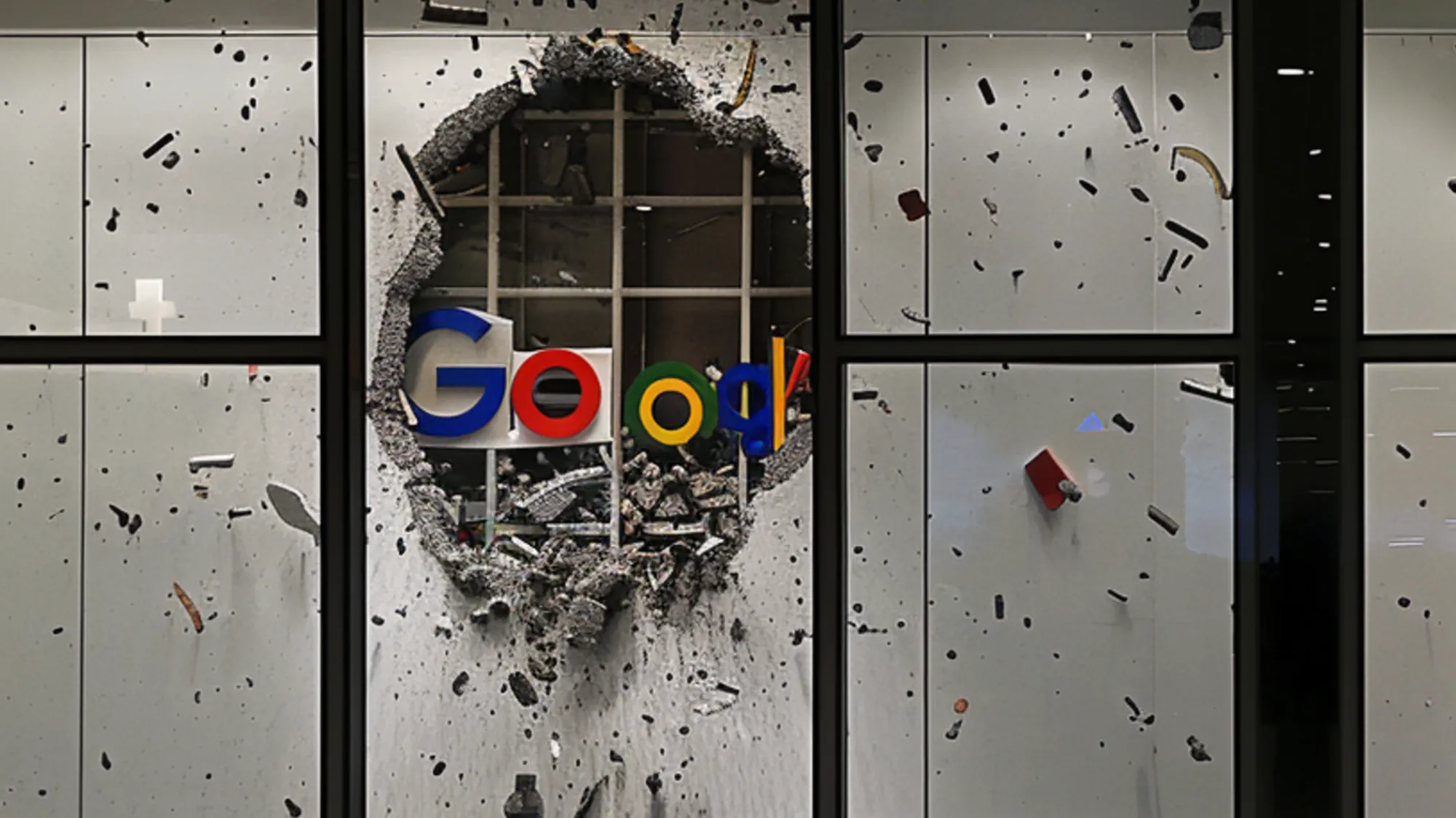 Google logo breaking through office wall amid debris, symbolizing disruptive AI search changes affecting publishers.
