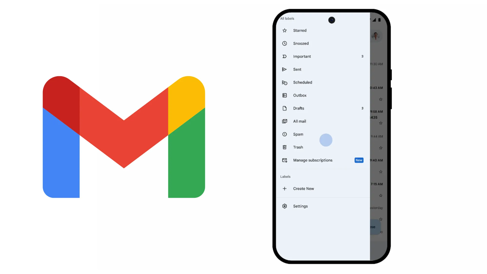 Gmail mobile app showing new "Manage subscriptions" feature with blue "New" label in navigation menu.
