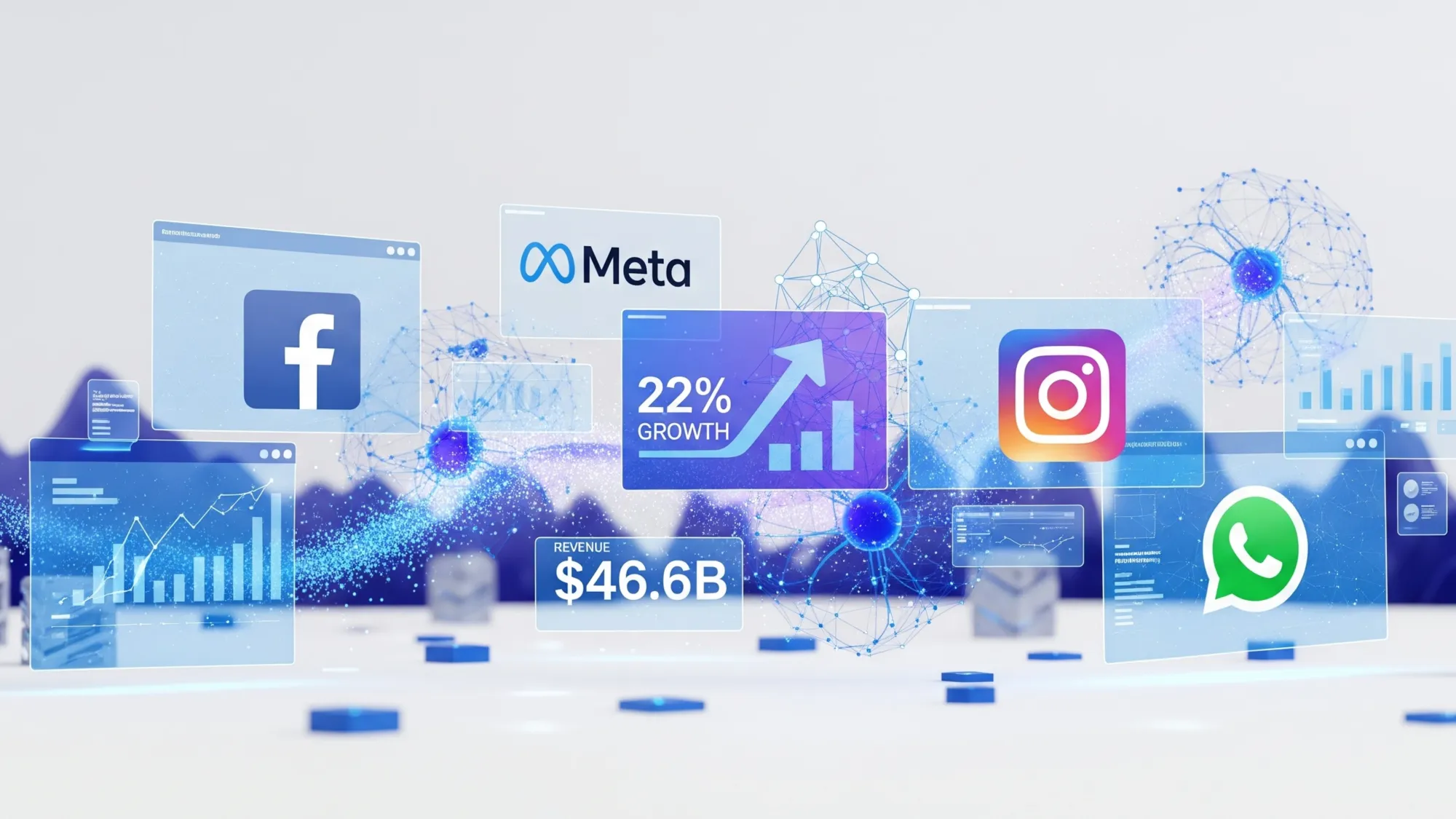 Meta's Q2 2025 earnings visualization showing 22% ad revenue growth to $46.6B with AI-powered platforms and data analytics charts