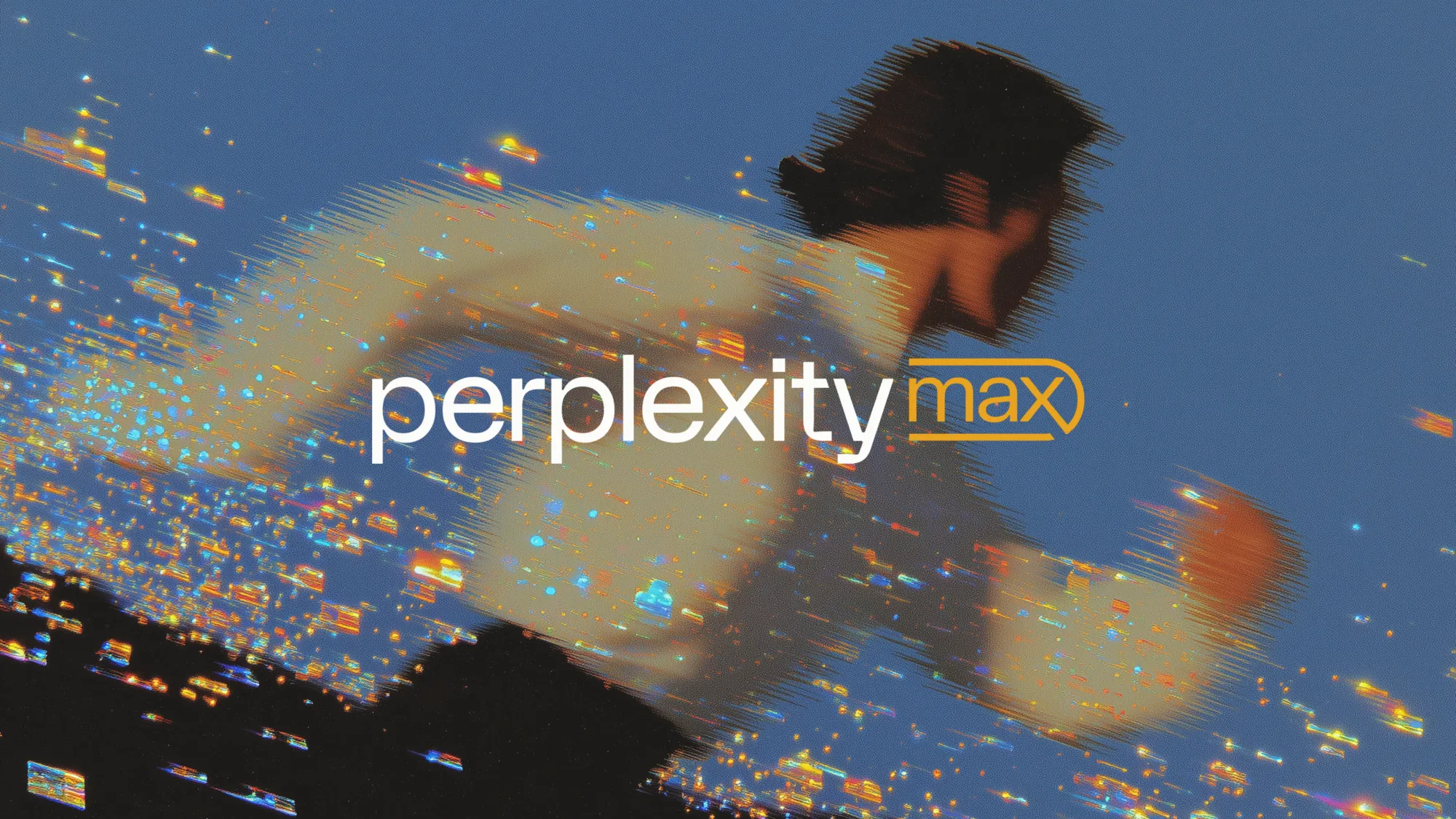 Perplexity Max logo on abstract digital background with colorful particle effects and motion blur
