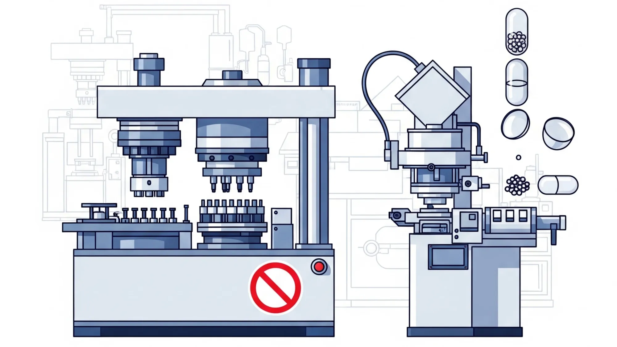 Pharmaceutical pill press machines with red prohibition symbol illustrating Google Ads policy restrictions.