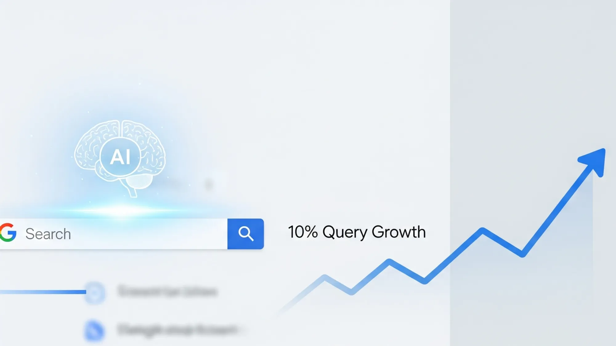 Google AI search interface showing 10% query growth with upward trending arrow and brain icon overlay