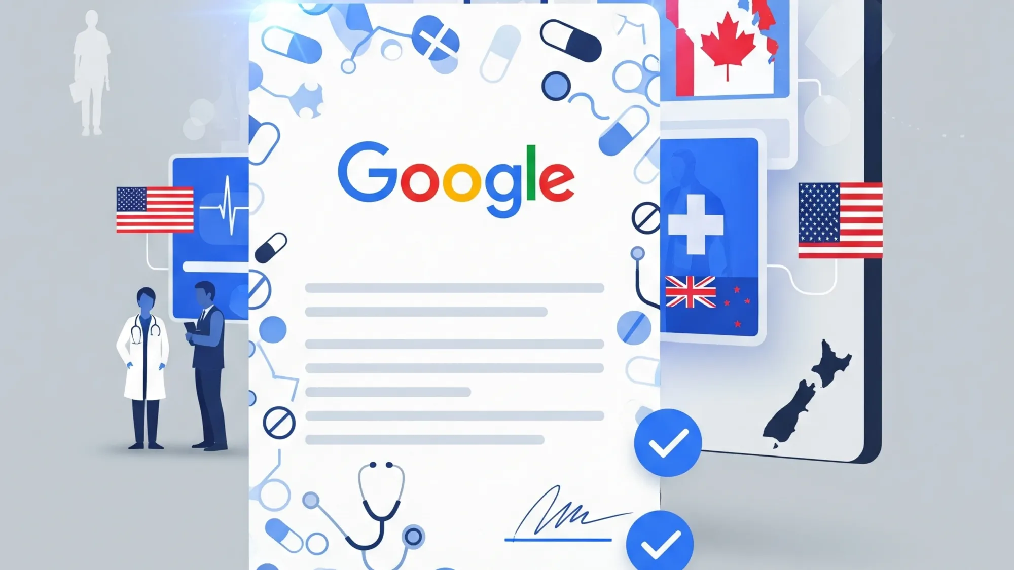 Google certification document with healthcare symbols, flags of US, Canada, New Zealand, and medical professionals.