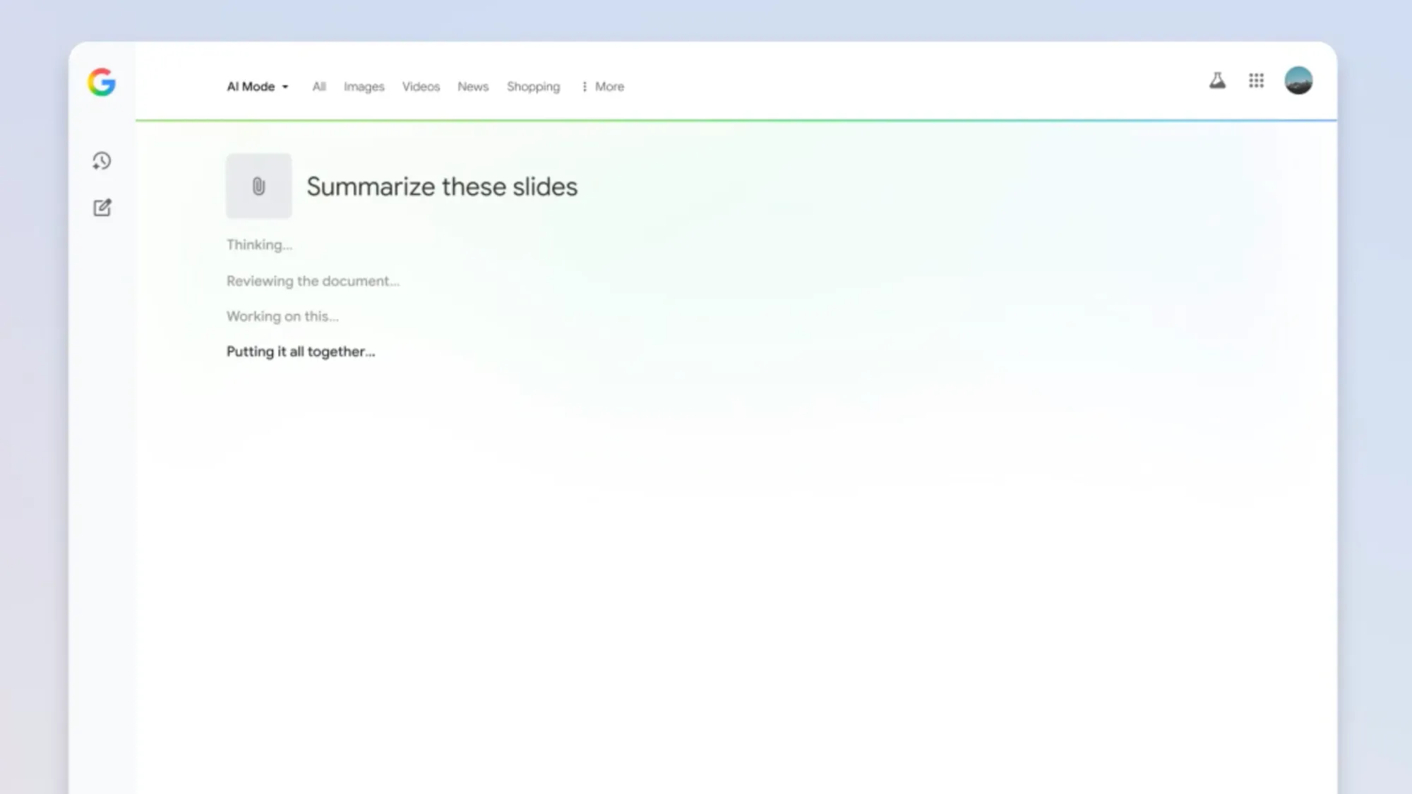 Google AI Mode interface processing document analysis with real-time thinking steps for slide summarization