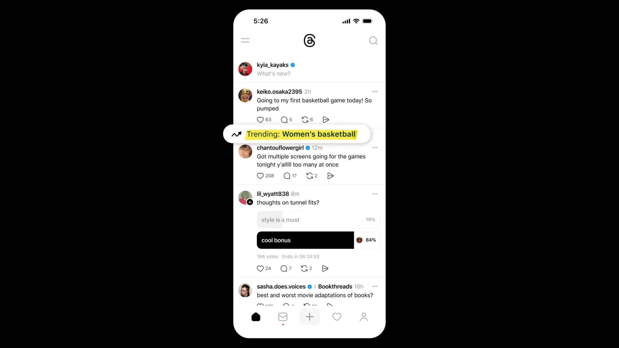 Threads app interface showing new highlighter feature marking trending Women's basketball topic with yellow background visual emphasis