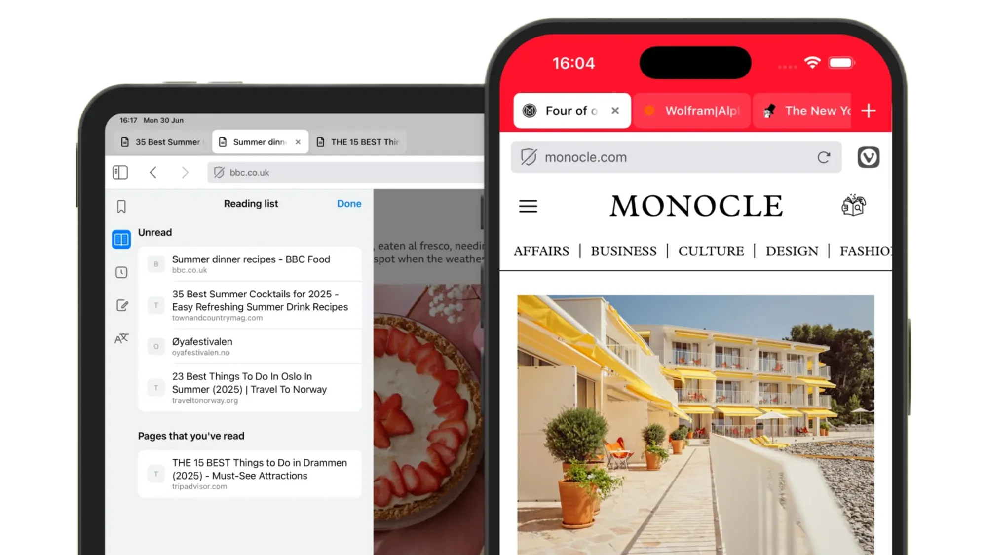 Vivaldi 7.5 mobile browser displaying reading list and web browsing on dual devices with enhanced UI