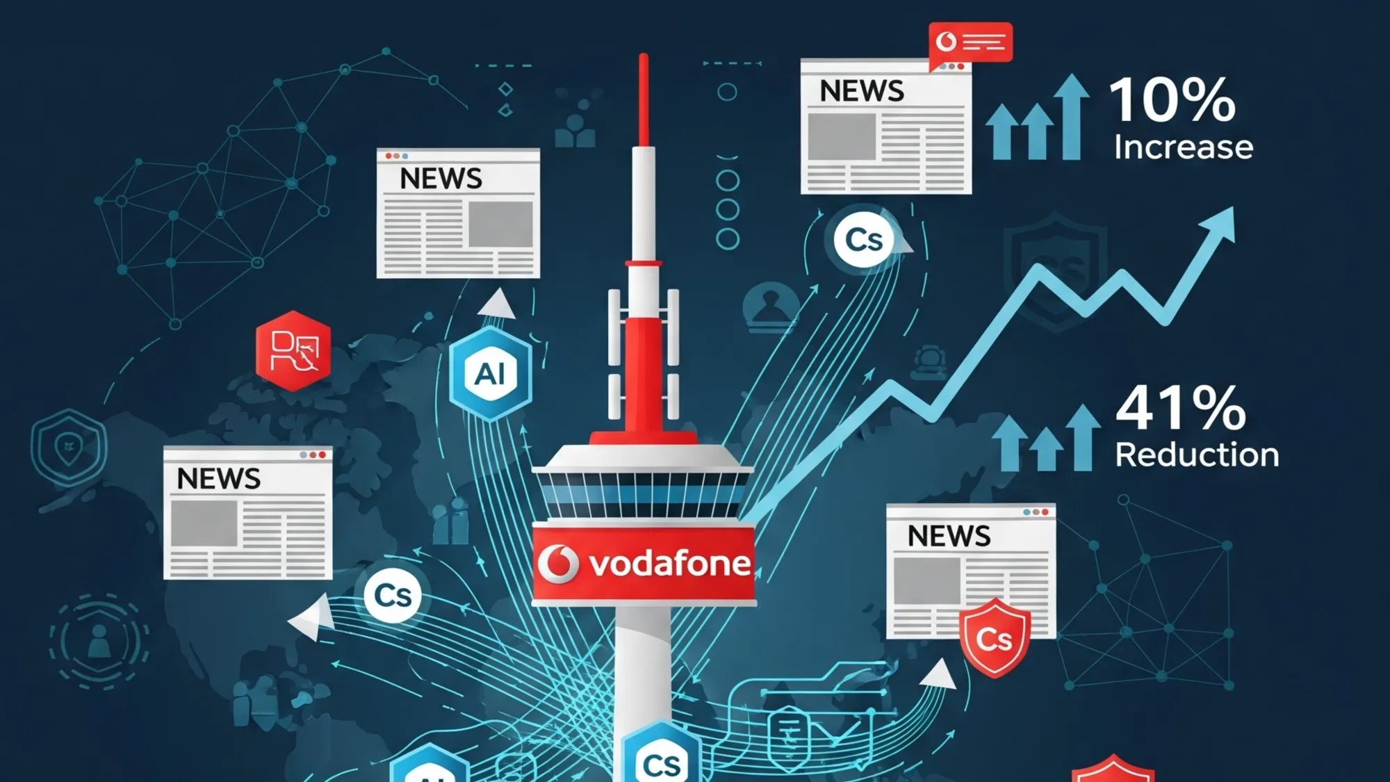 Vodafone telecoms tower with AI-powered brand safety tech connecting to news sites, showing 10% increase and 41% reduction metrics