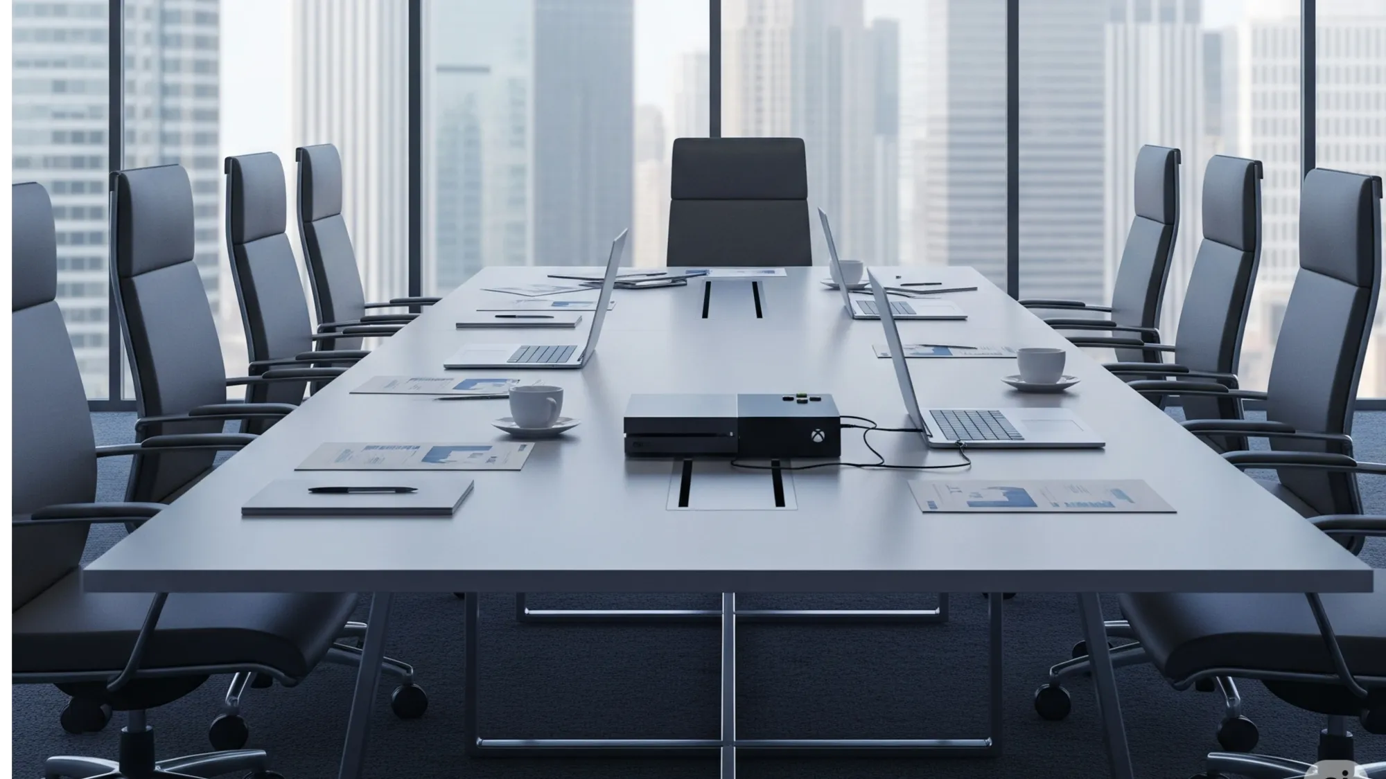 Empty Microsoft boardroom with Xbox console symbolizing 9,000 employee layoffs in gaming division