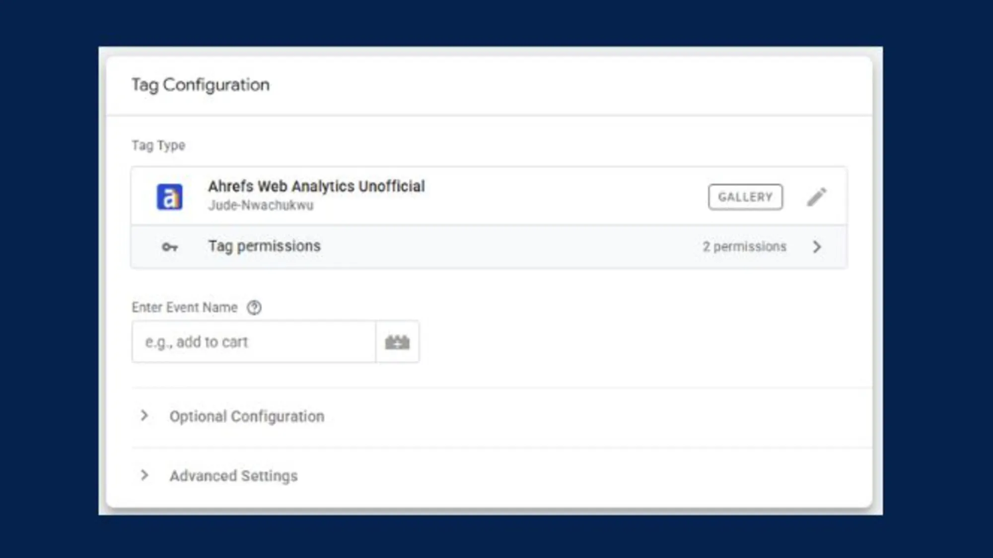 GTM interface showing Ahrefs Web Analytics Unofficial template configuration with event tracking setup