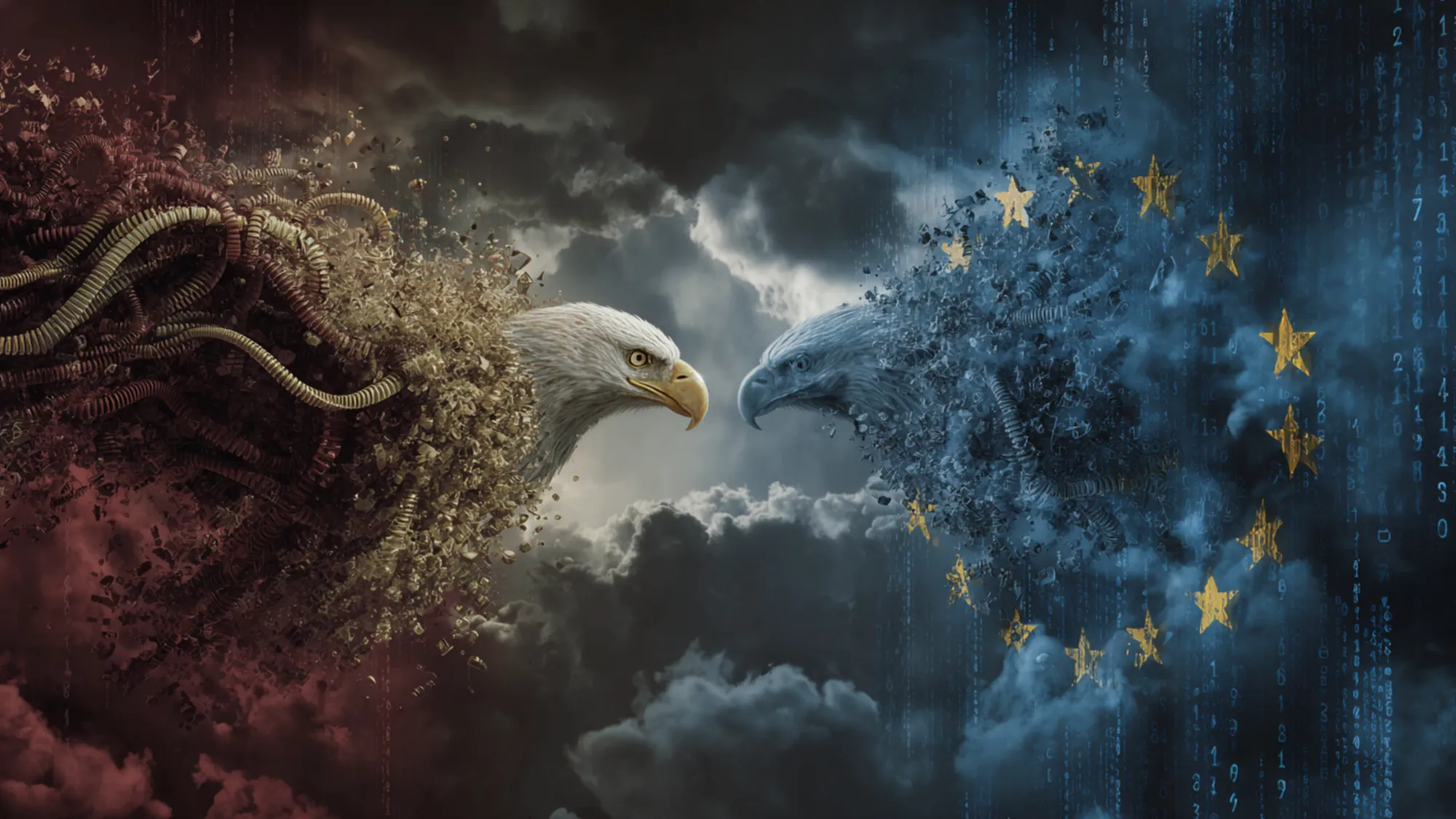 Two digital eagles representing USA and EU clash over data protection amid stormy clouds and binary code streams.