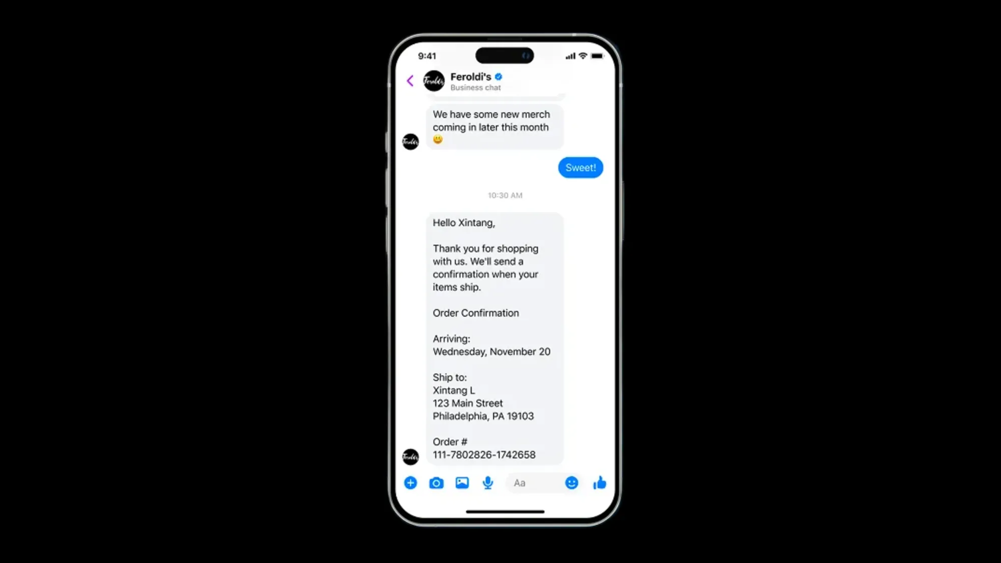 Business order confirmation message template displayed on Messenger mobile interface showing utility messaging